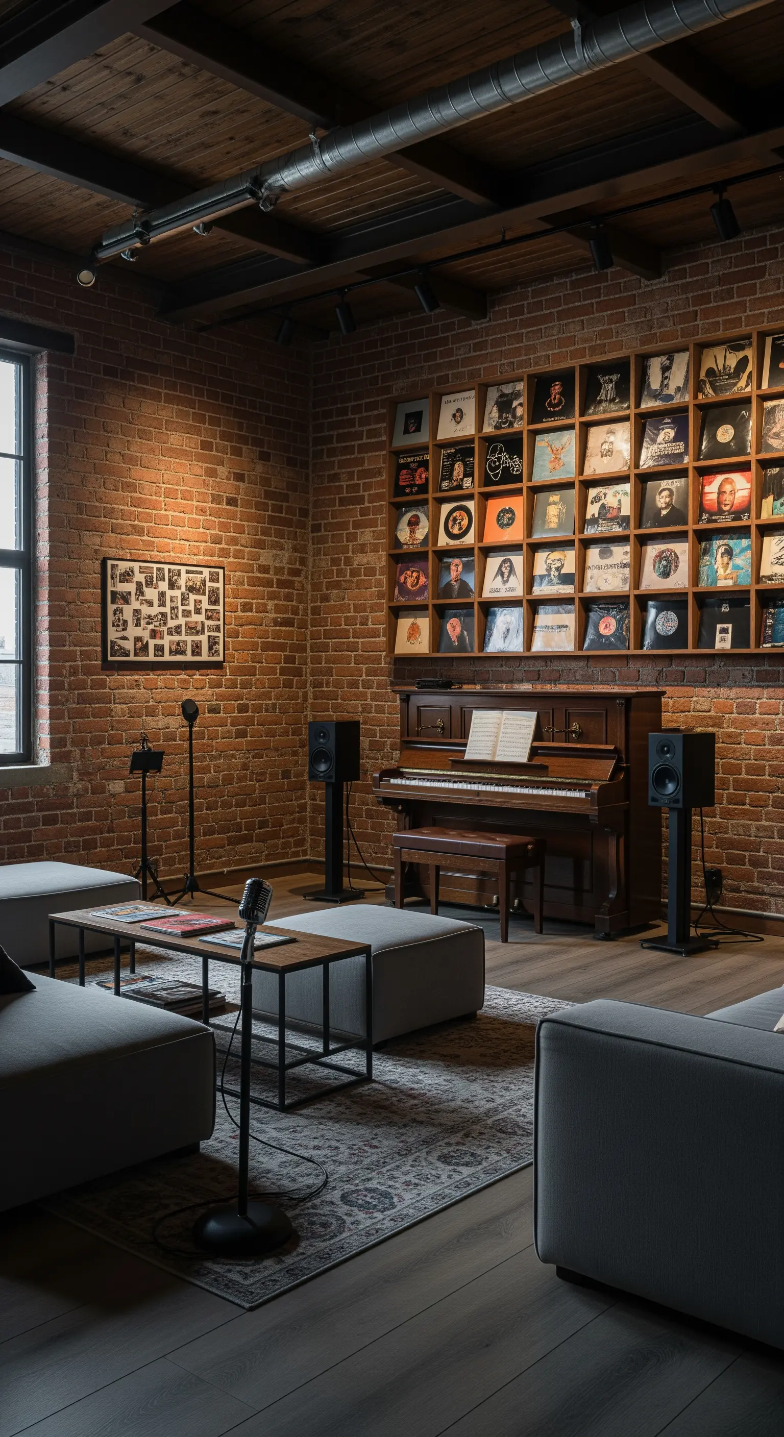 Sala musica in stile industriale con una parete di vinili esposti, un pianoforte e divani.
