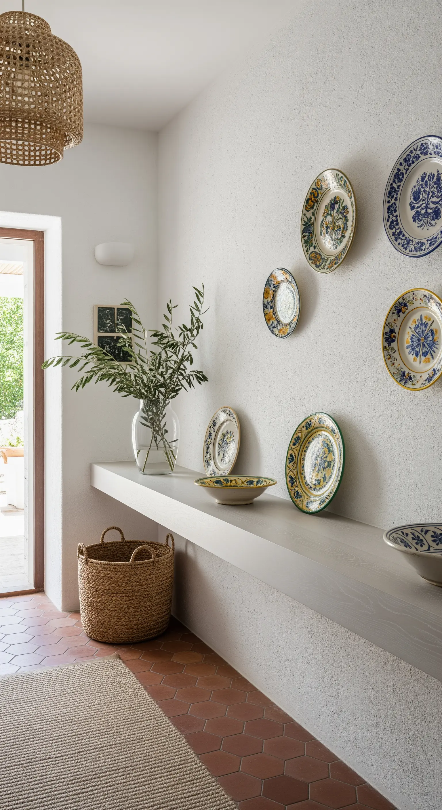 Mensola bianca sospesa con una collezione di piatti in ceramica dipinti a mano appesi alla parete.