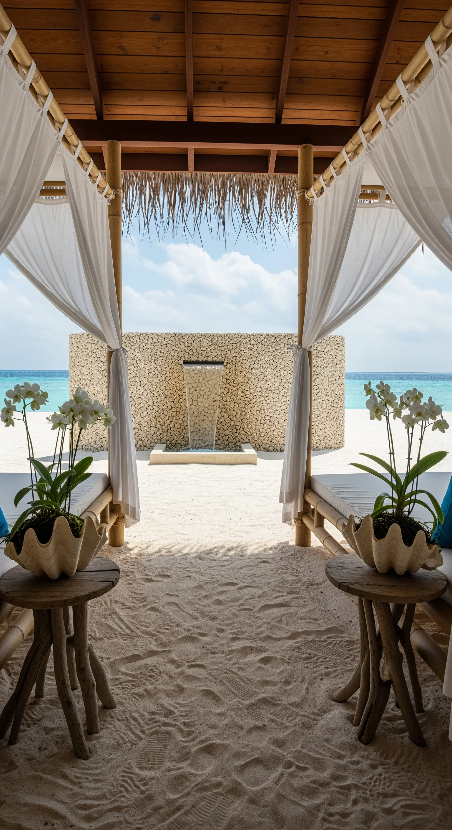 Cabana sulla spiaggia con lettini in bambù, tende bianche e orchidee in vasi a conchiglia.