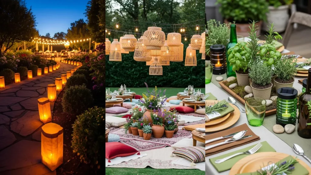 Un giardino estivo decorato con lanterne luminose, accoglienti tavoli da pranzo e centrotavola tropicali di erbe e fiori colorati.