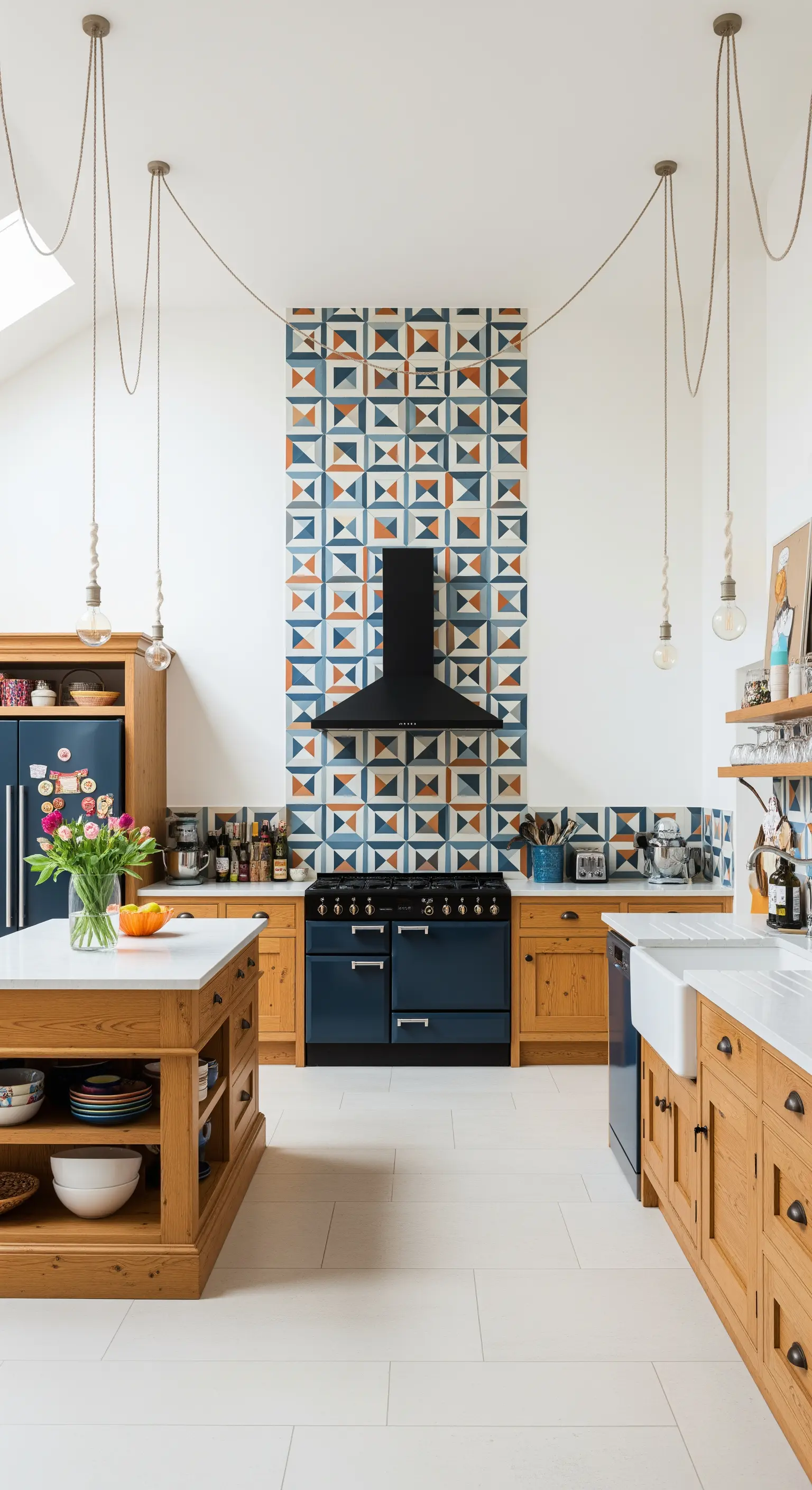 Cucina con paraschizzi a tutta altezza con piastrelle geometriche blu, arancioni e bianche.