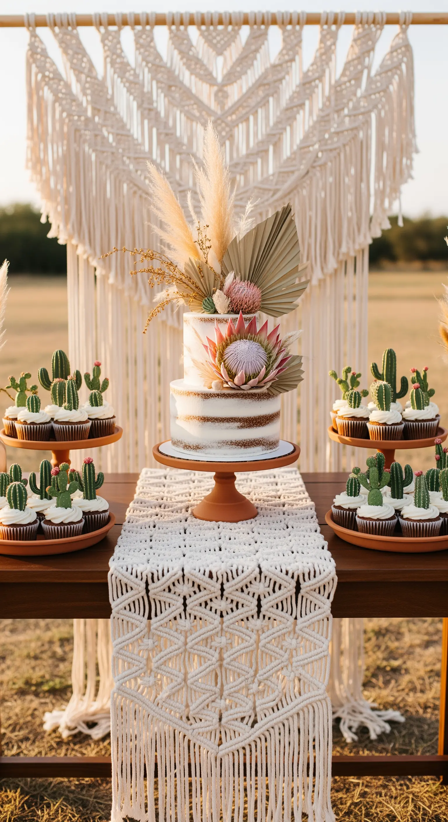 Torta nuziale boho con fiori secchi, backdrop in macramè e cupcake a forma di cactus
