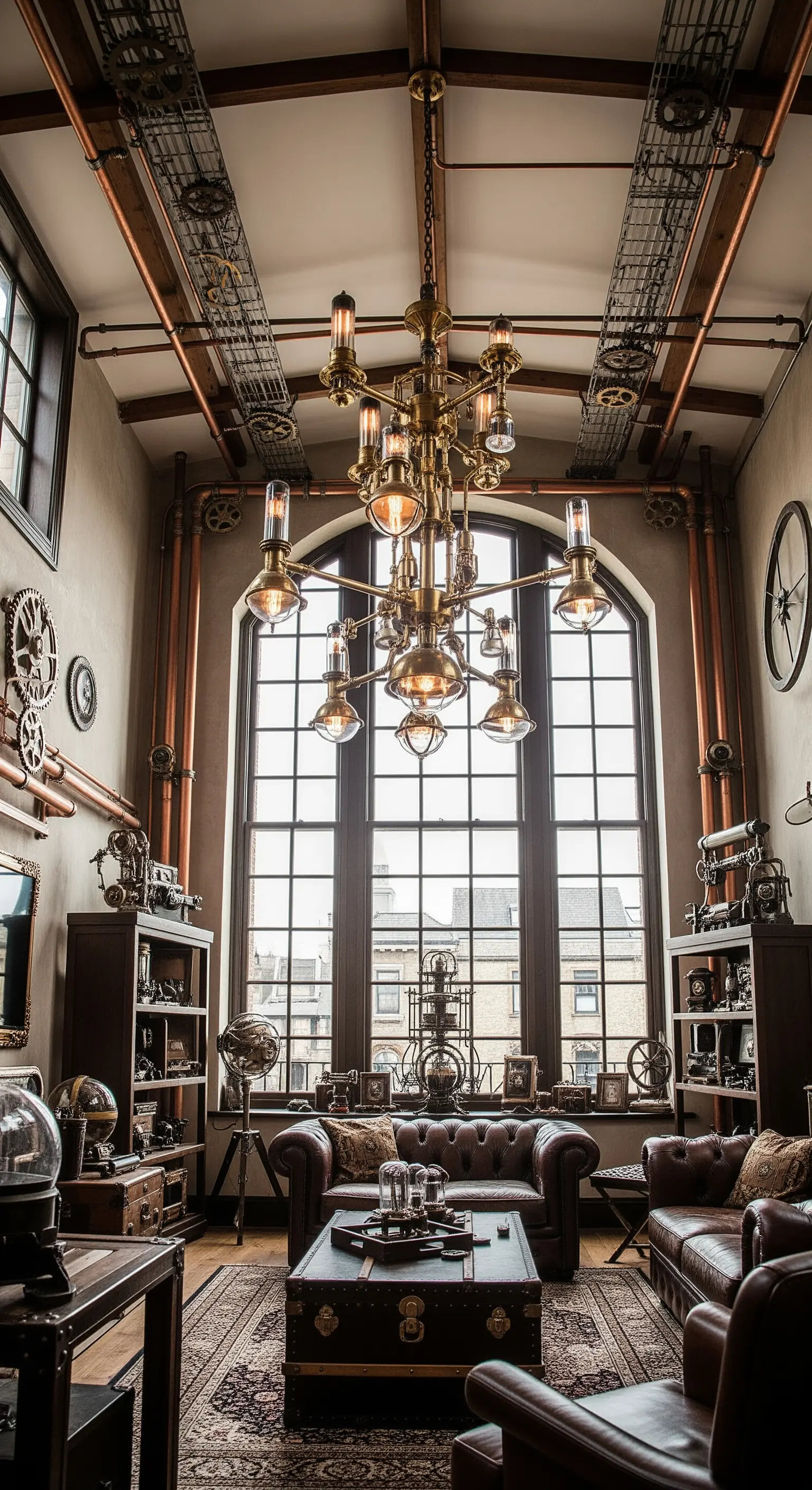 Salotto in stile Steampunk con tubi a vista, ingranaggi e un complesso lampadario industriale.