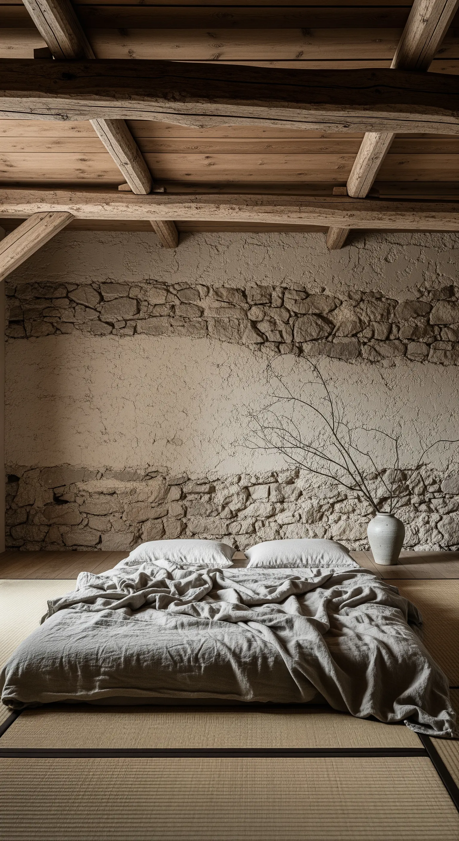 Camera da letto minimalista in stile wabi-sabi con parete in pietra parzialmente intonacata e letto basso.