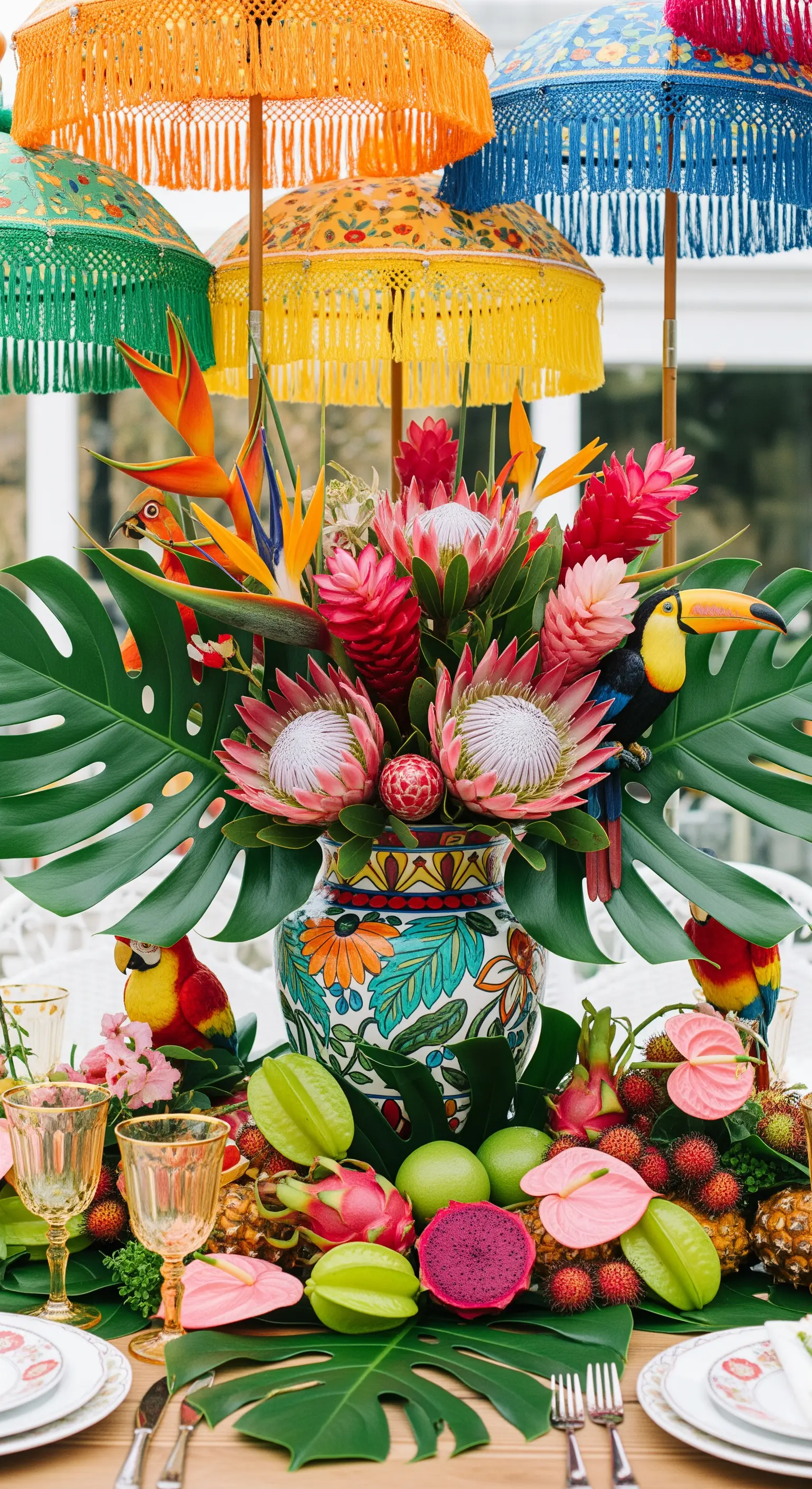 Centrotavola tropicale esuberante con fiori esotici, foglie di monstera e uccelli decorativi.