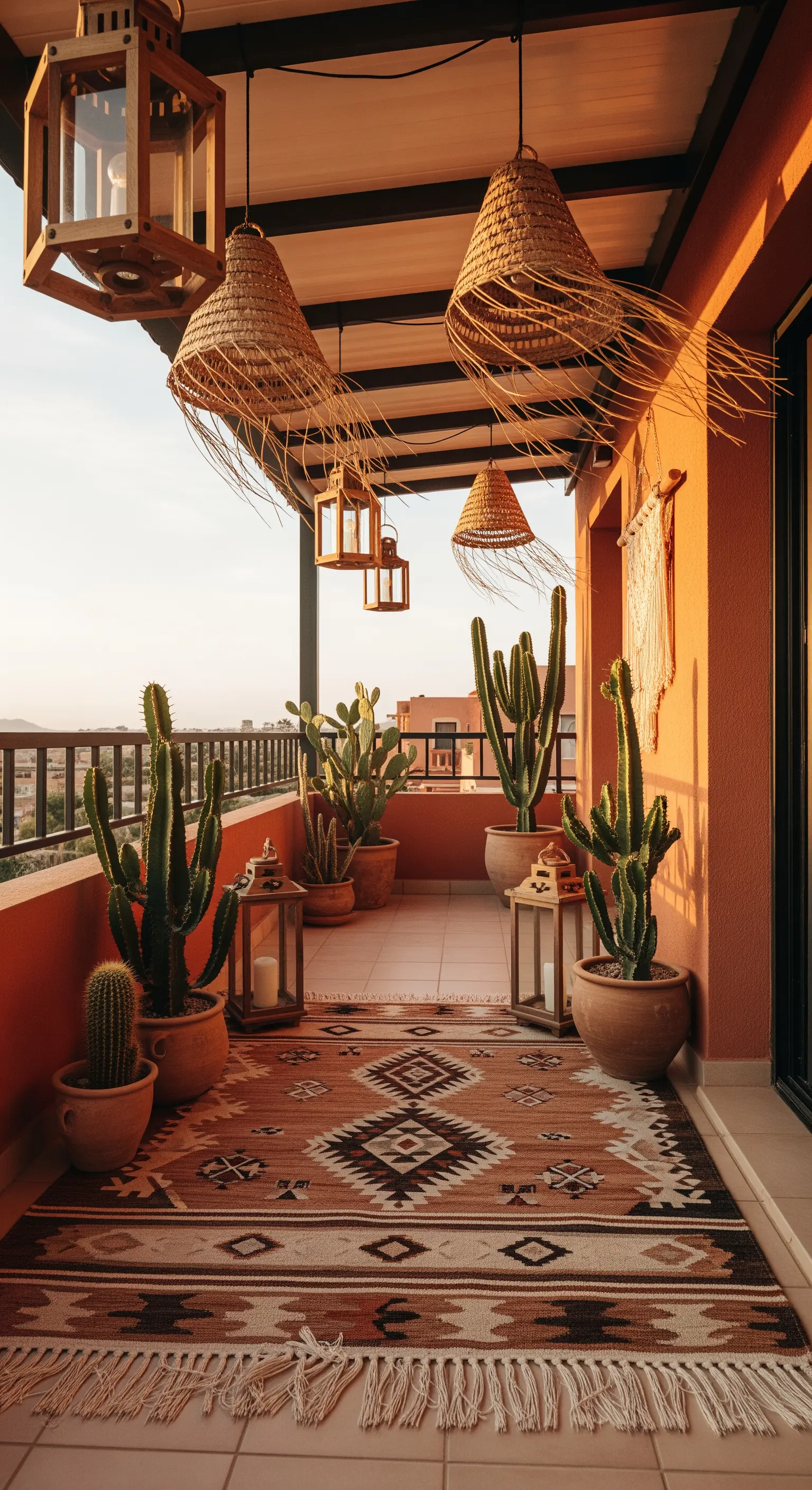 Balcone con pareti color terracotta, cactus, kilim sui toni della terra e lanterne in rafia.