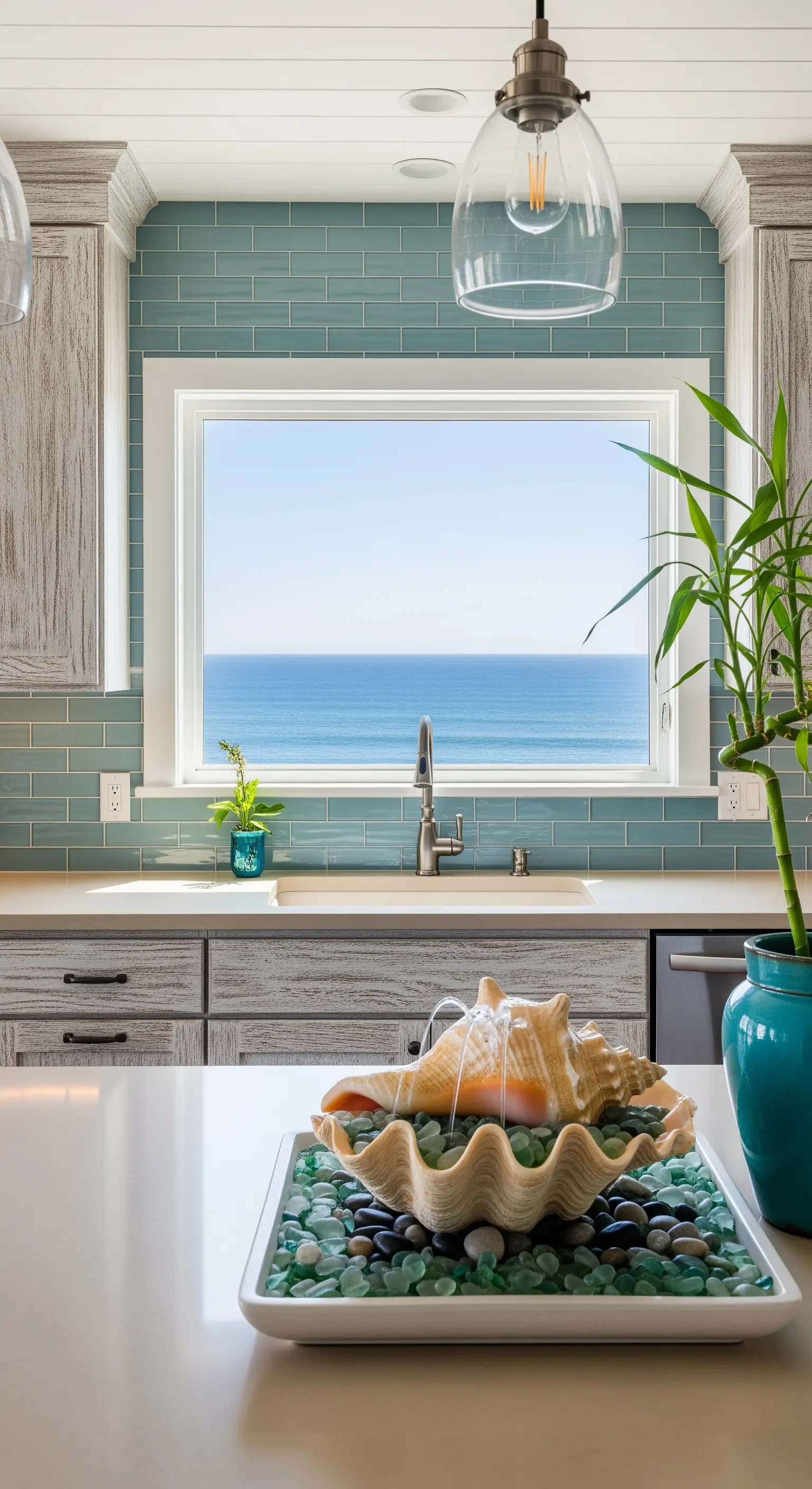 Fontana a forma di conchiglia su un'isola cucina con vista mare e piastrelle blu.