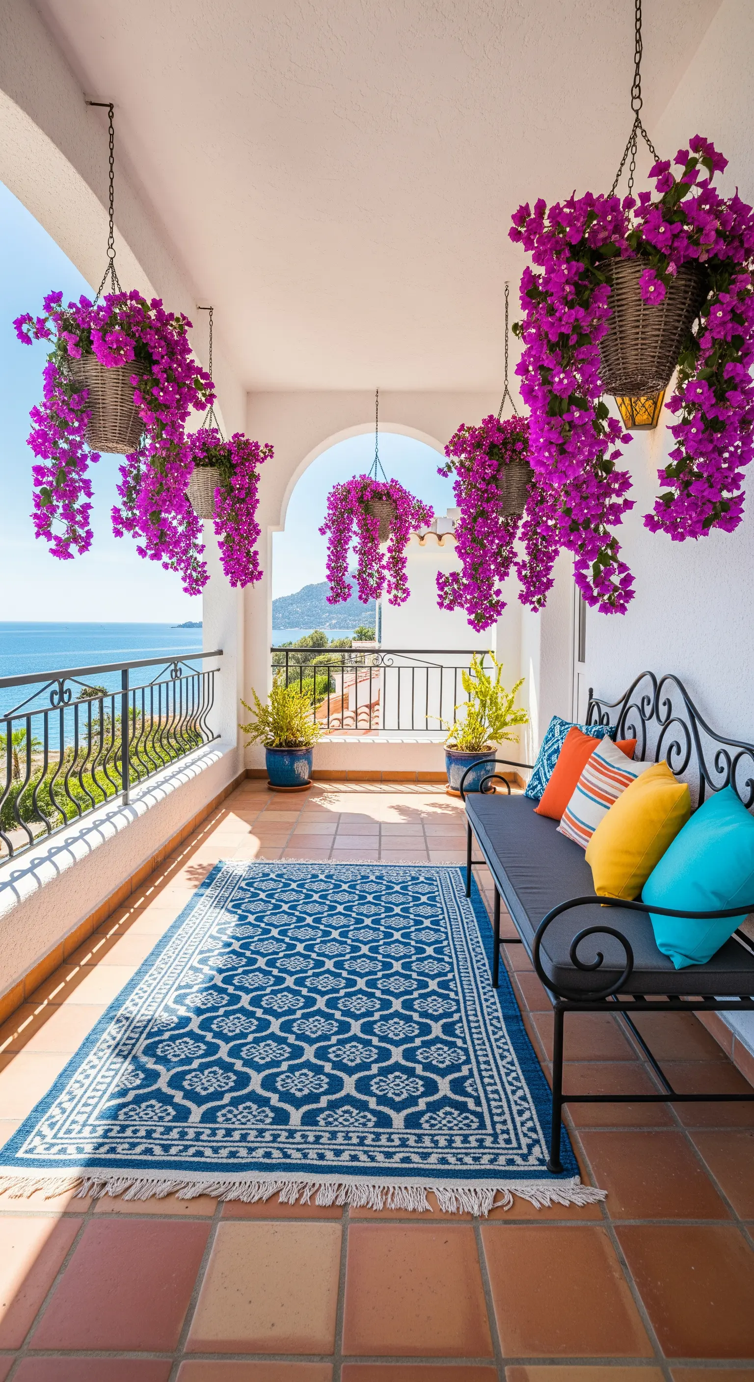 Terrazza vista mare con tappeto blu, panca in ferro e cascate di bouganville fucsia.