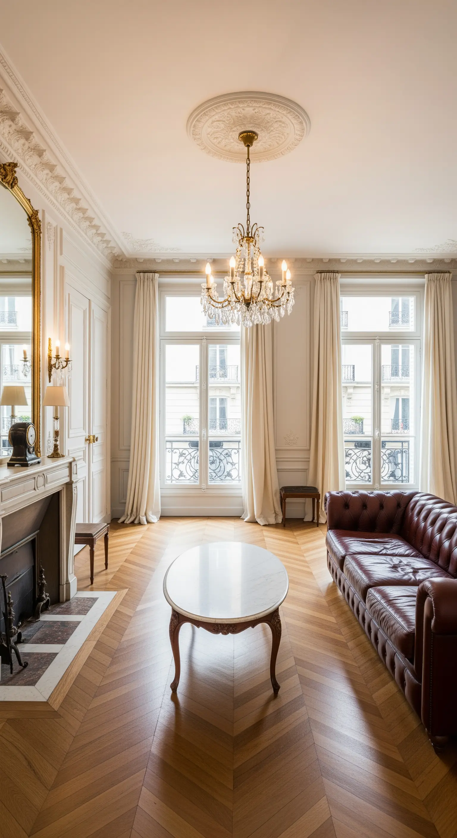 Salotto parigino con divano Chesterfield, parquet a spina di pesce e lampadario di cristallo.