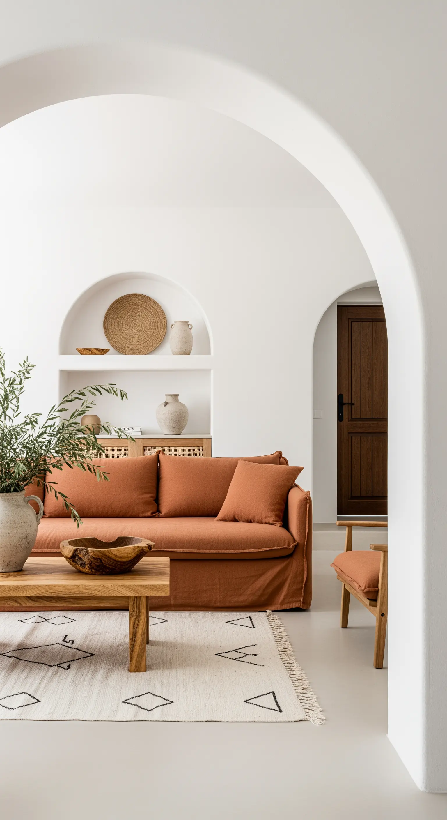 Divano terracotta davanti a una parete bianca con una nicchia ad arco in stile mediterraneo
