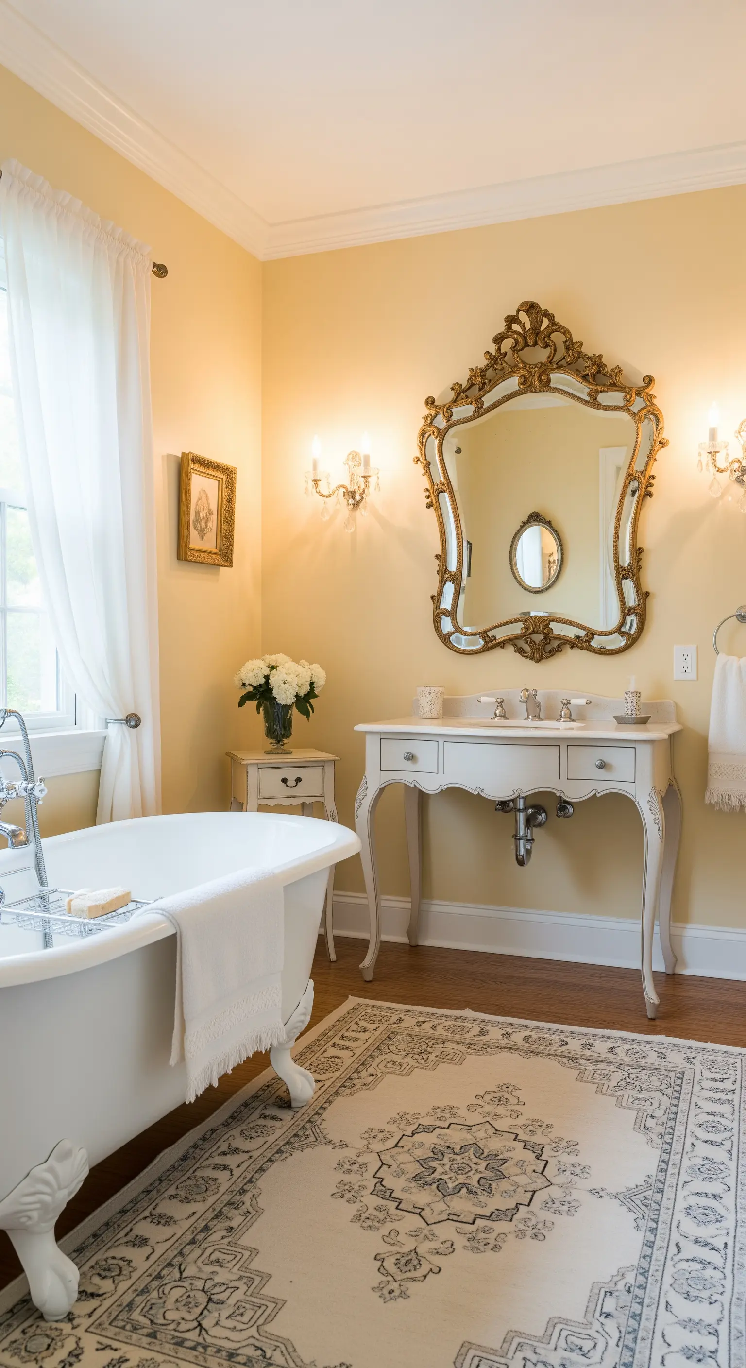 Bagno elegante con pareti gialle, specchio dorato ornato e applique a candelabro.