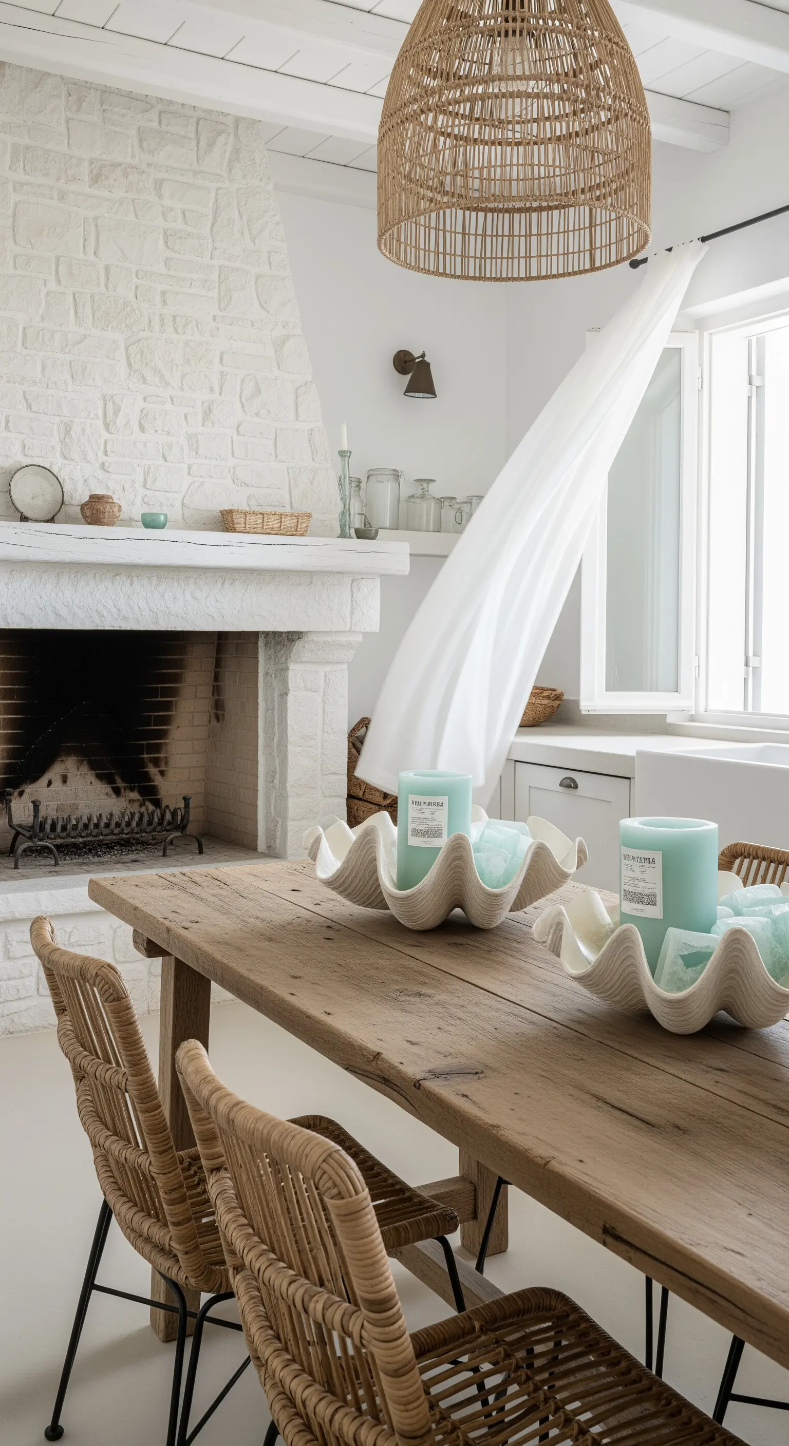 Cucina in stile costiero con camino in pietra bianca, tavolo in legno grezzo e sedie in rattan.