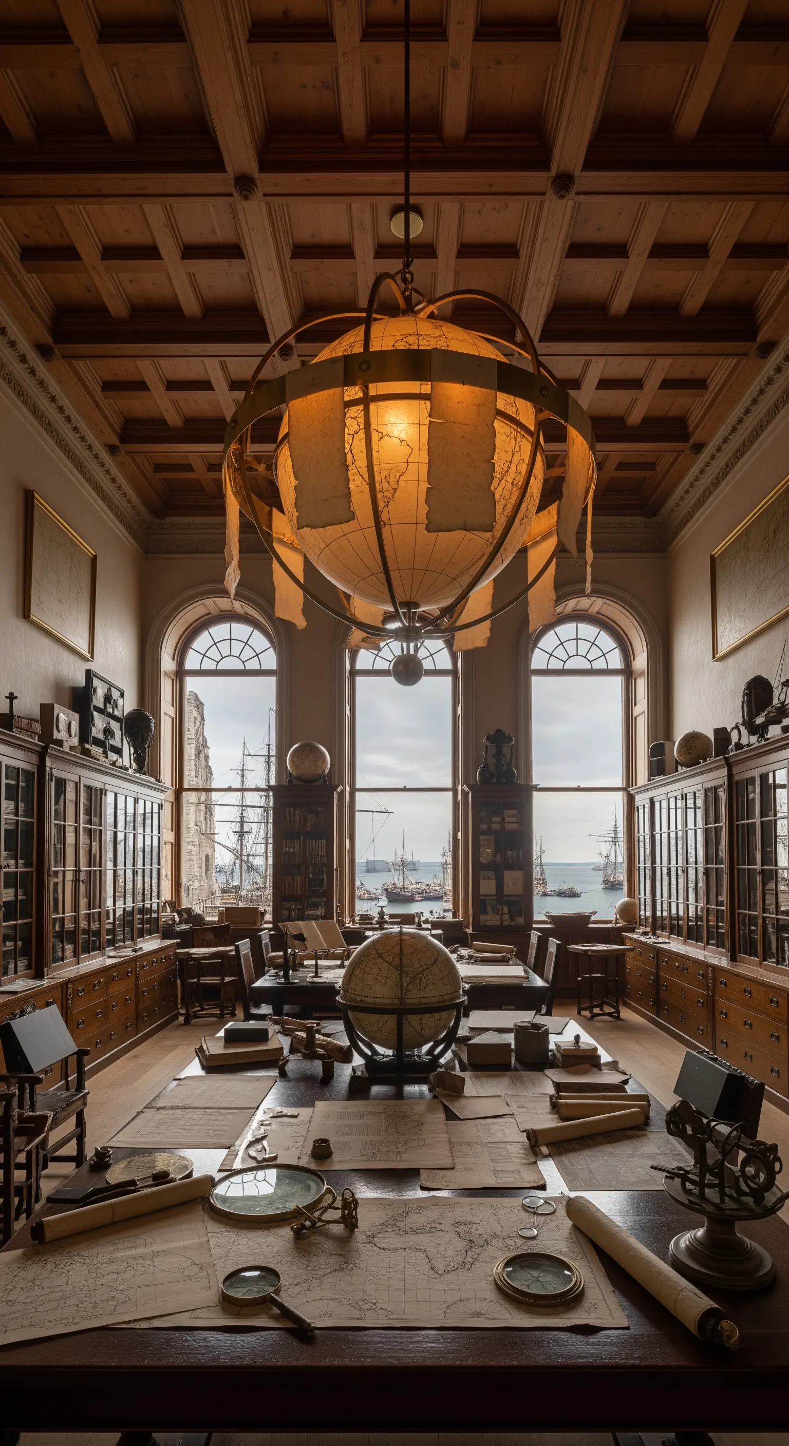 Studio da cartografo con un grande lampadario a forma di globo e armadi pieni di mappe.