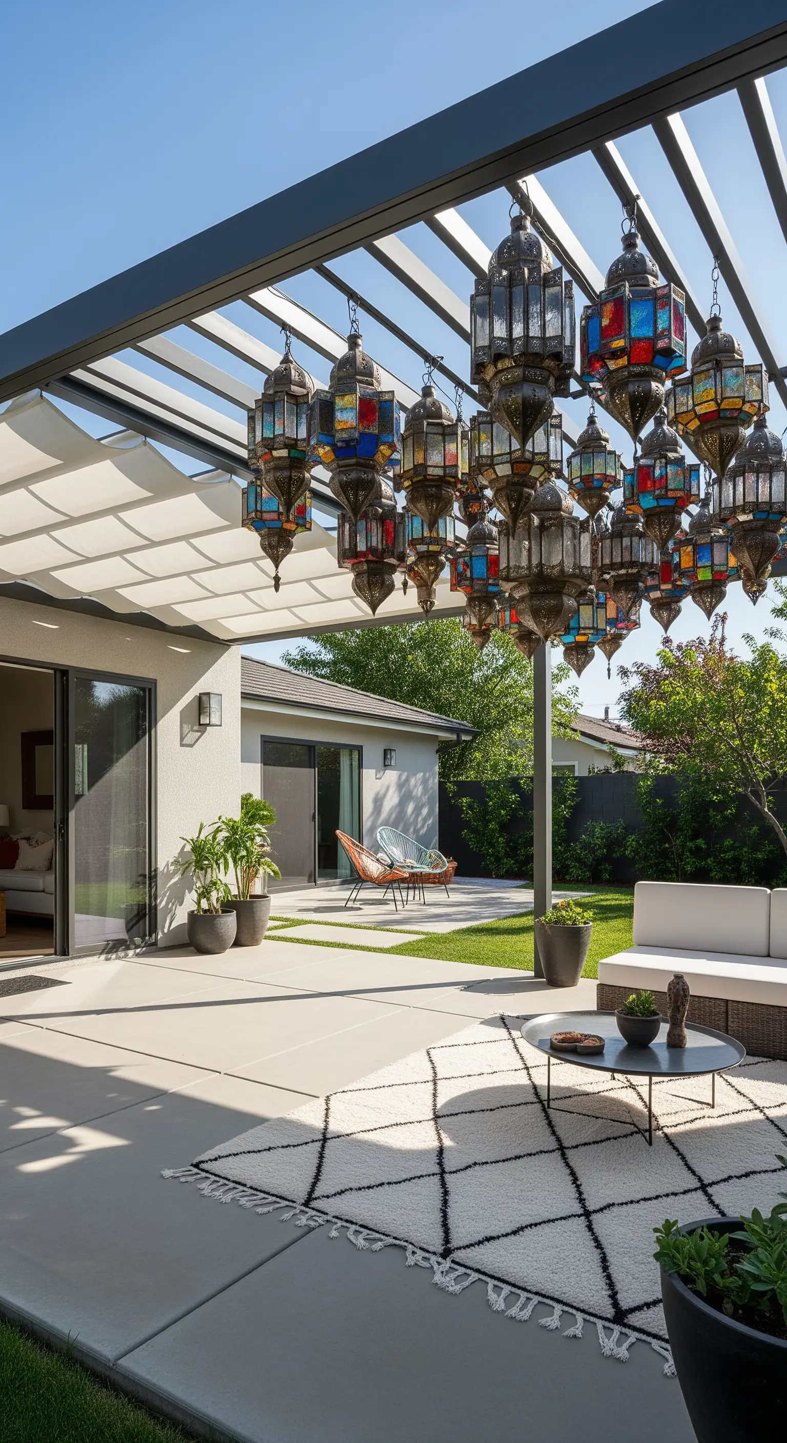 Patio moderno con una massiccia installazione di lanterne marocchine sospese sotto una pergola