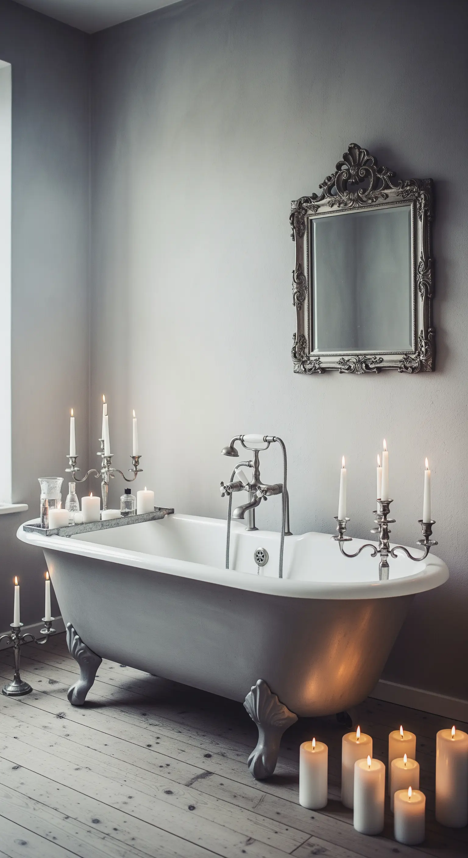 Bagno grigio chiaro con vasca freestanding circondata da candele bianche e candelabri d'argento