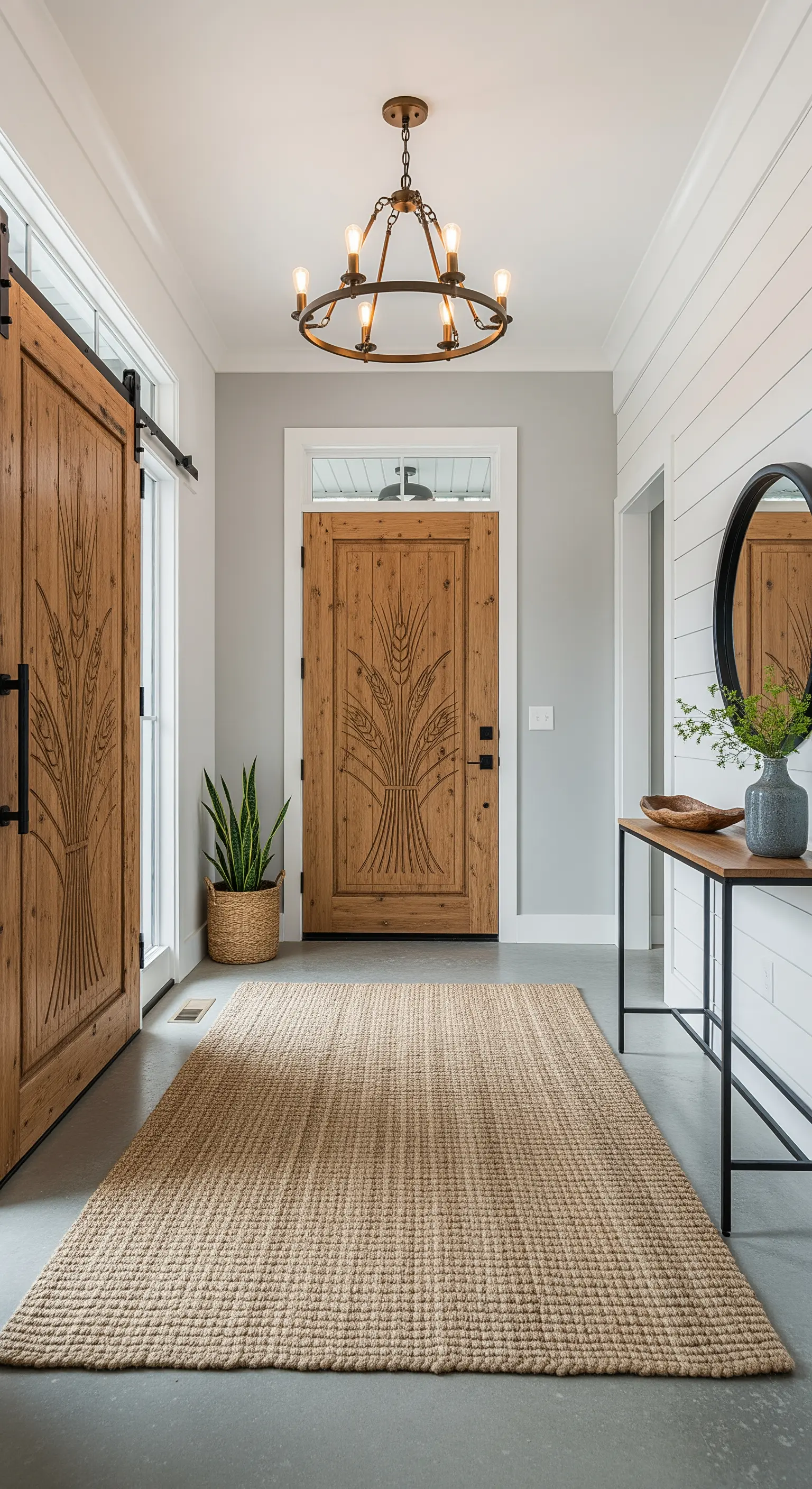 Ingresso farmhouse con porta scorrevole, tappeto in juta e consolle moderna con struttura in metallo.