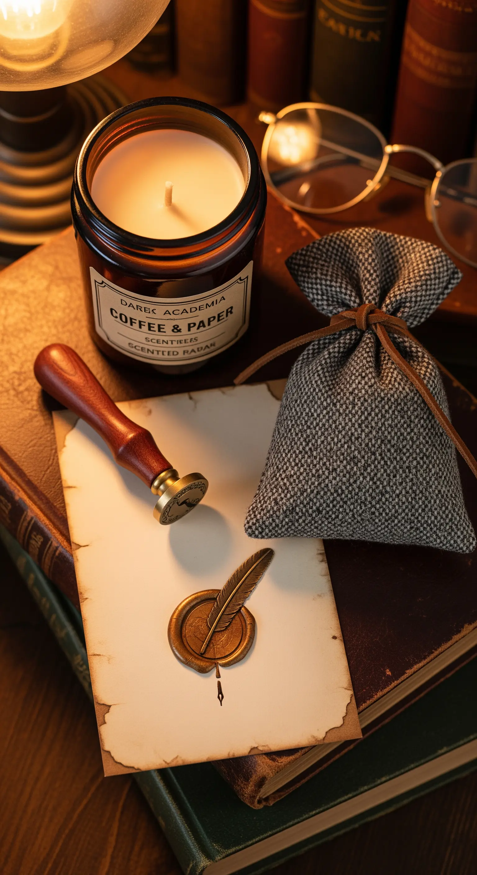Candela al caffè su libri antichi, lettera con sigillo in ceralacca e sacchetto in tweed.