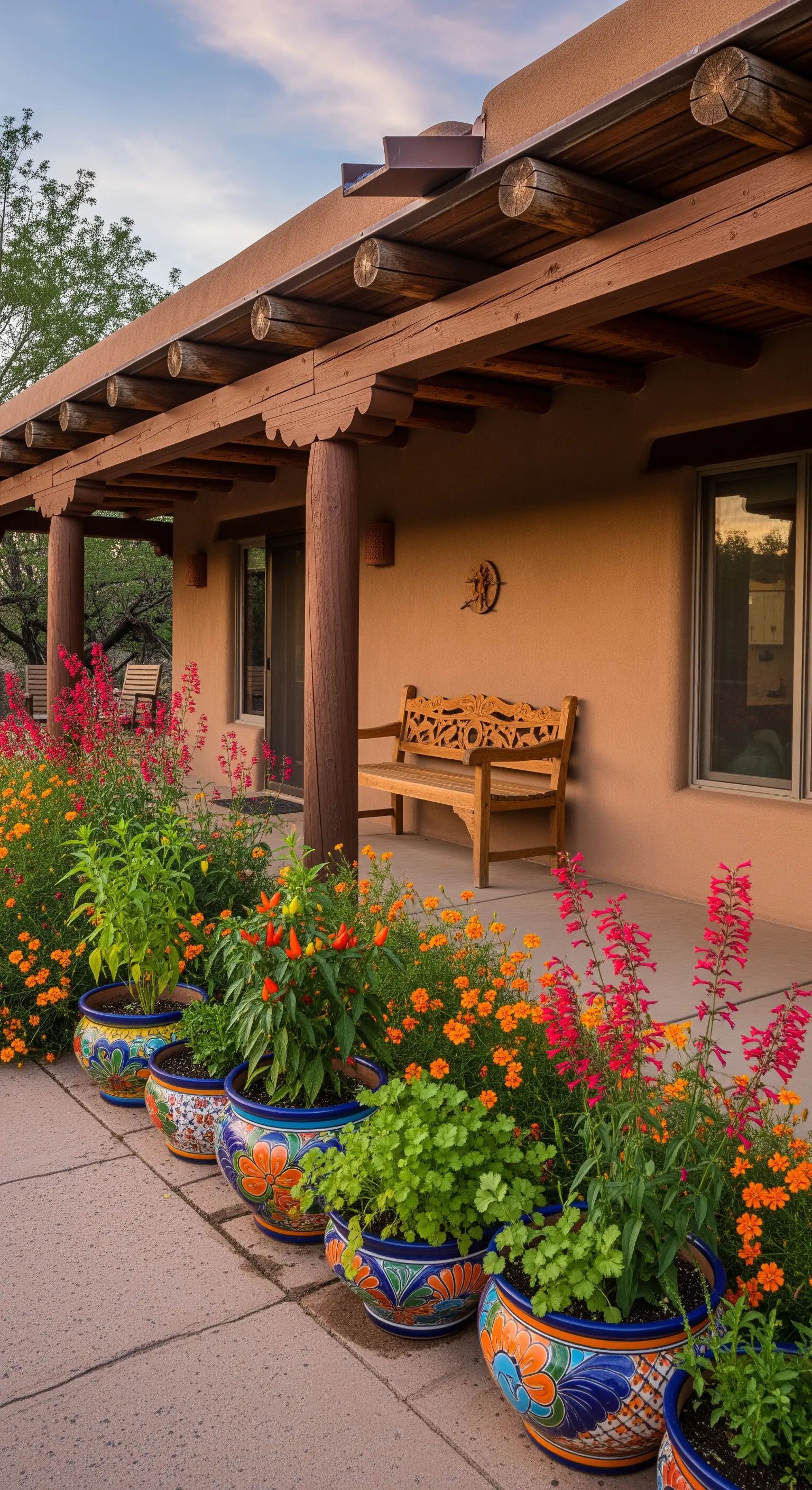 Veranda in stile Southwestern con travi a vista, panca intagliata e vasi in ceramica colorata.