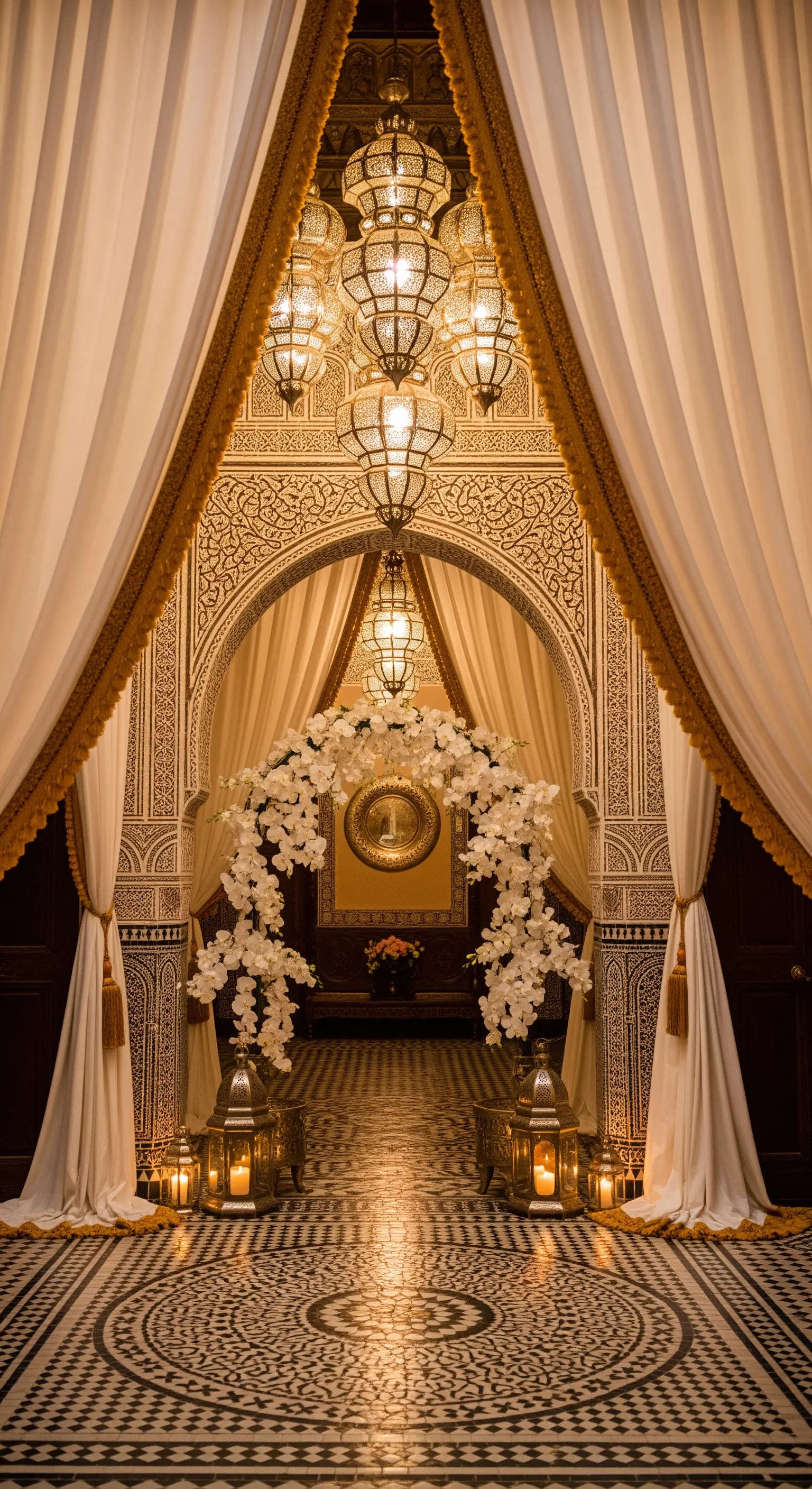 Ingresso in stile marocchino con arco di orchidee bianche, tende color avorio e lanterne.