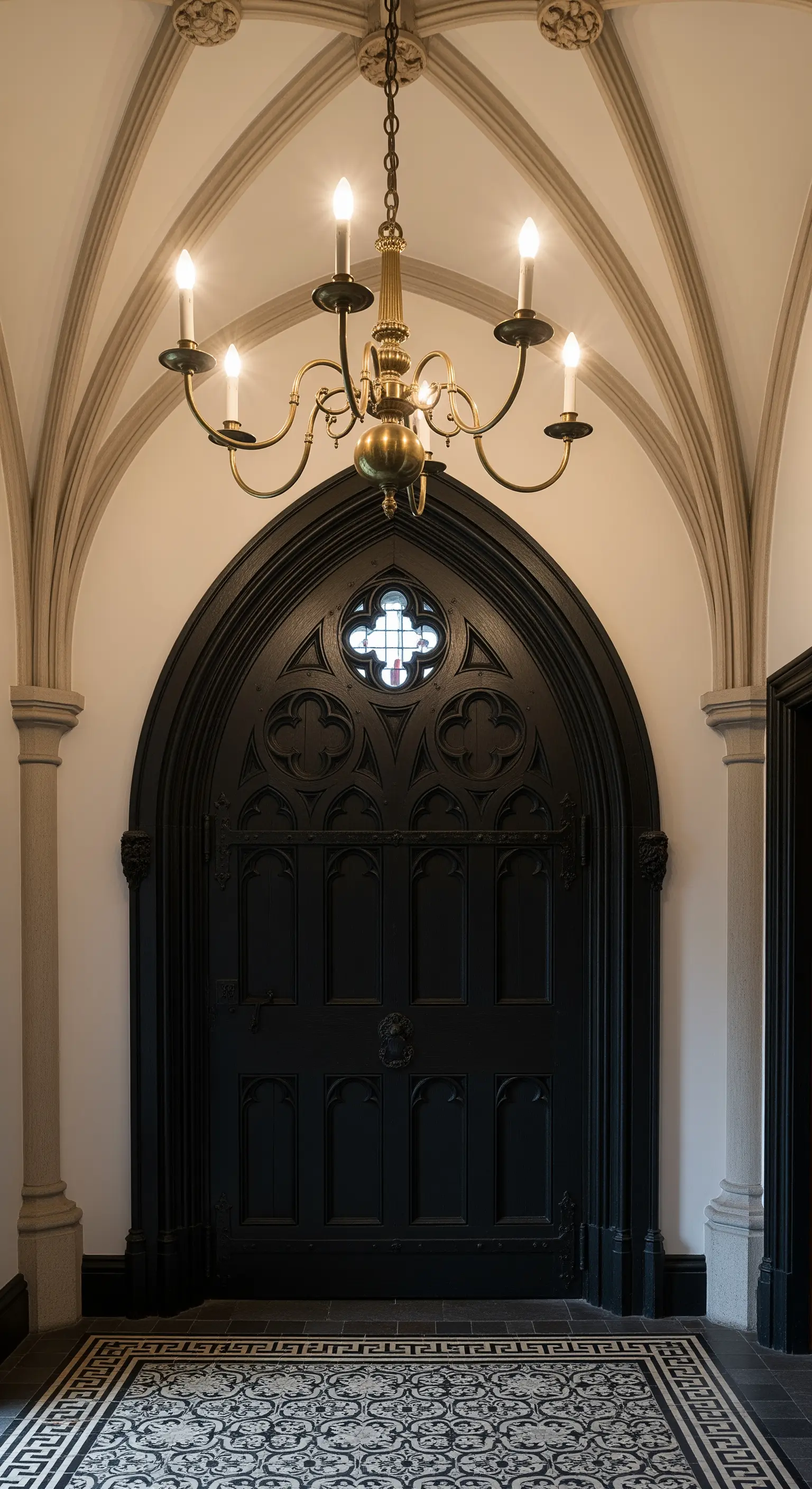 Ingresso in stile gotico con porta nera ad arco a sesto acuto e soffitti a volta.