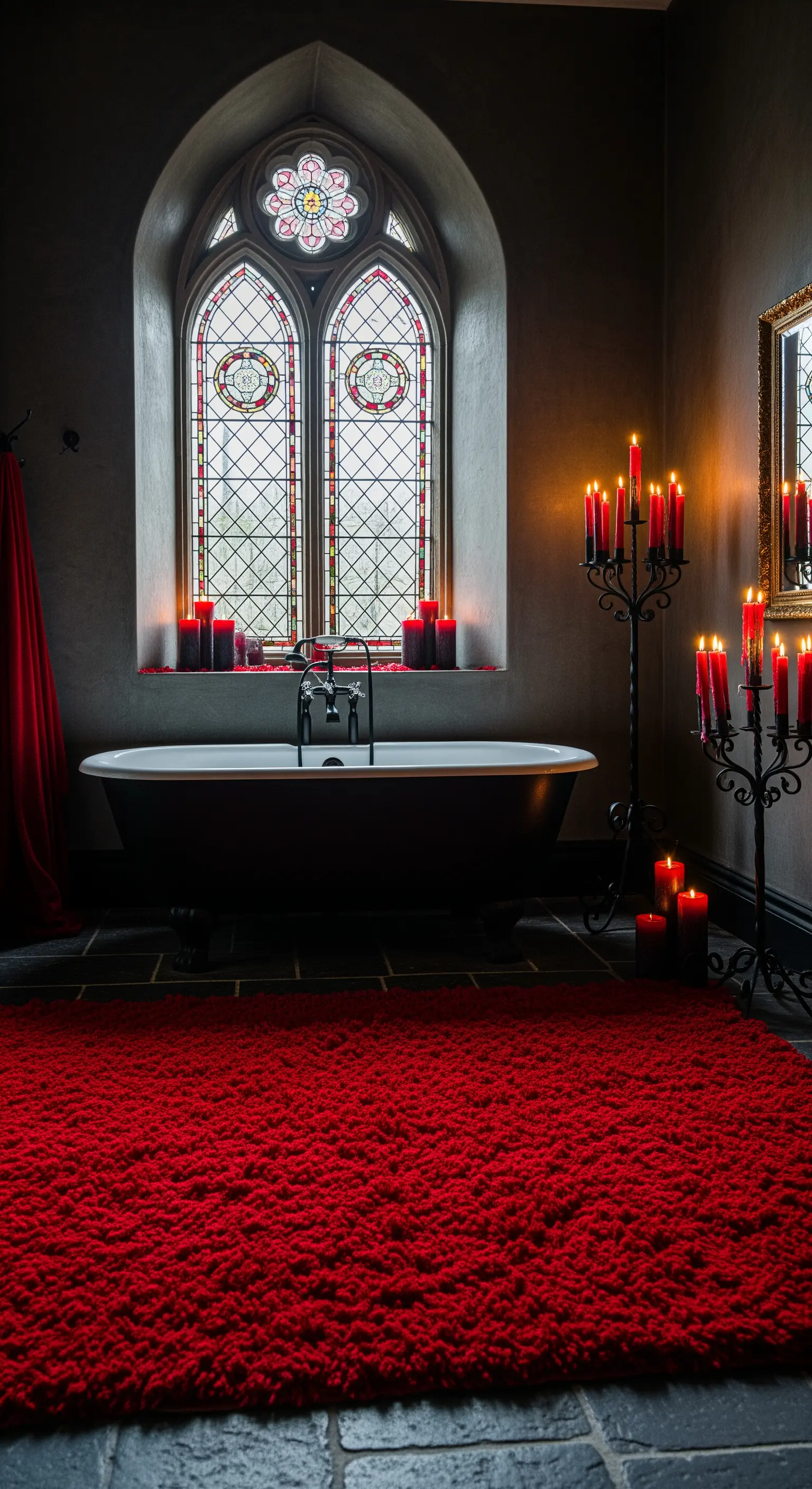 Bagno in stile gotico con finestra a sesto acuto, candelabri neri e tappeto rosso.