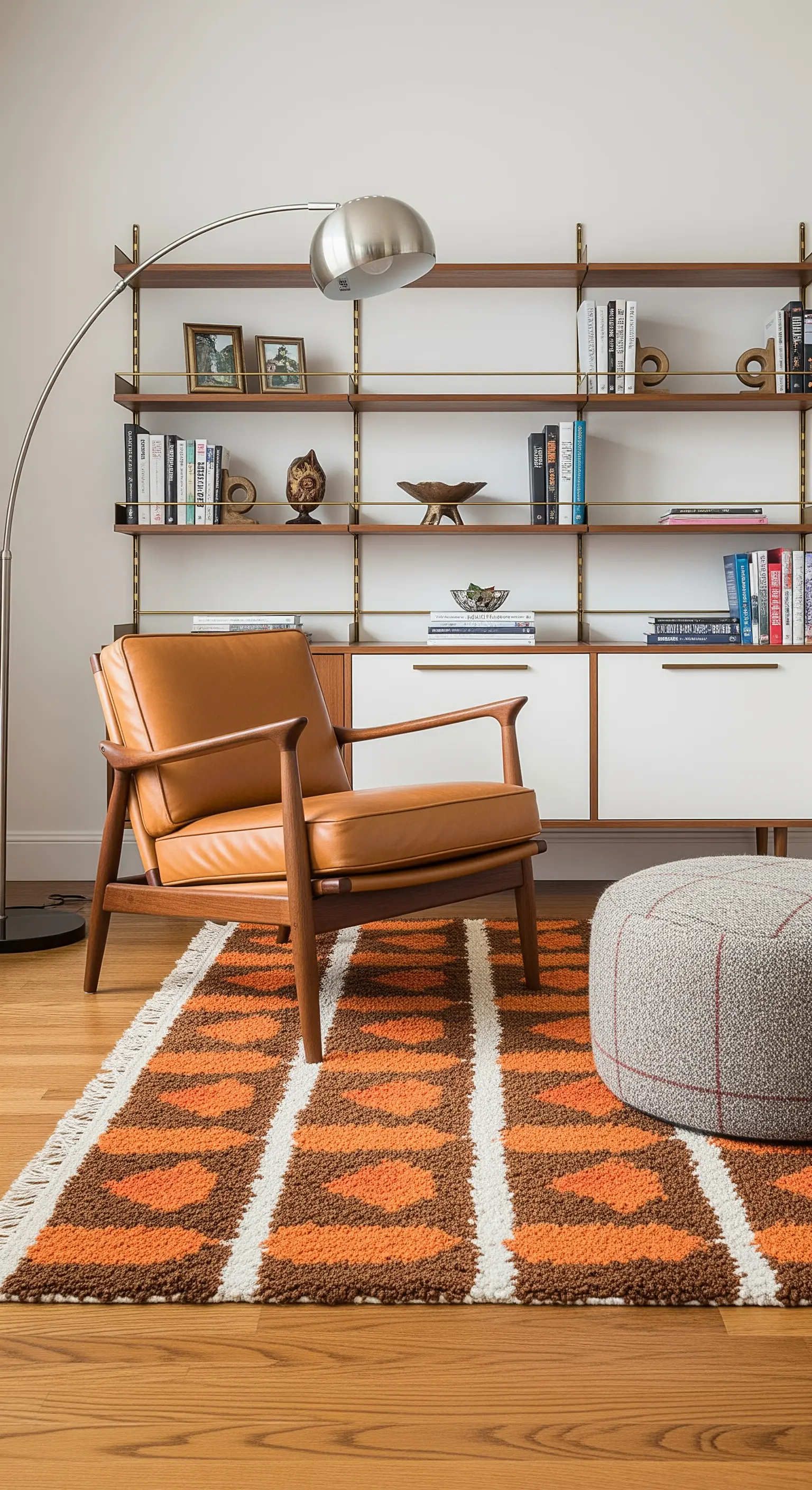 Angolo lettura Mid-Century con poltrona in pelle color cognac e libreria a parete.