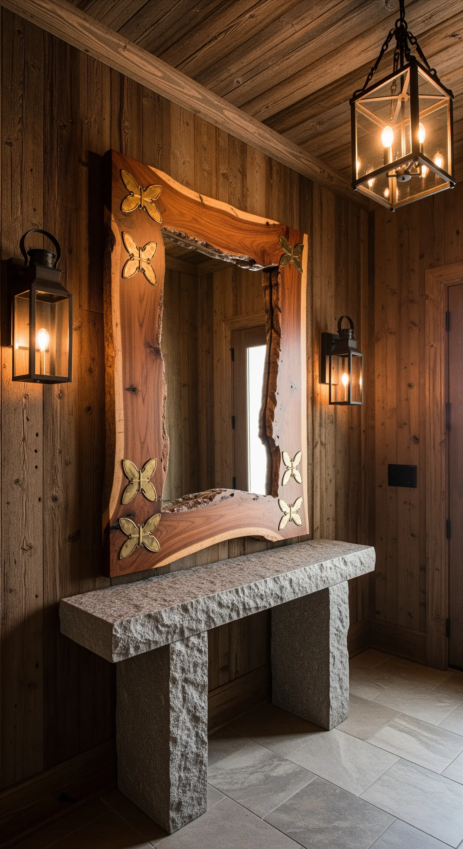 Ingresso in stile baita con pareti in legno, consolle in pietra e specchio con cornice in legno grezzo.