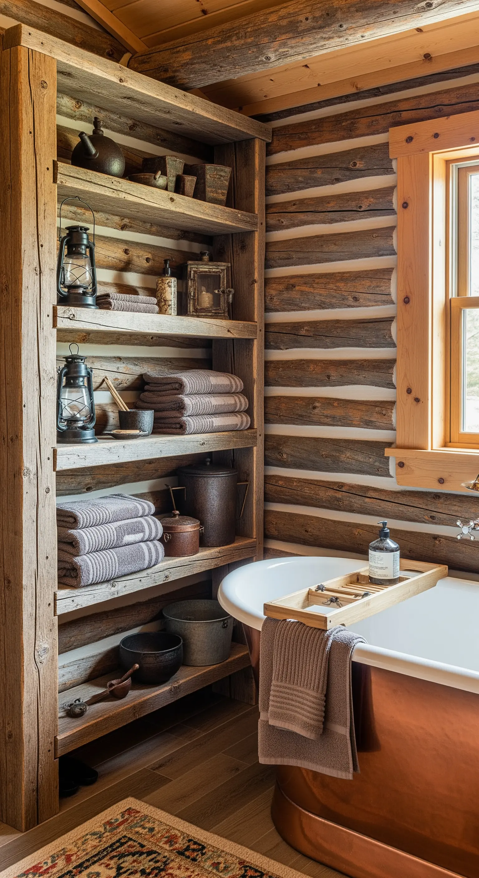 Robusta libreria in legno grezzo in un bagno da baita, con lanterne e una vasca in rame.