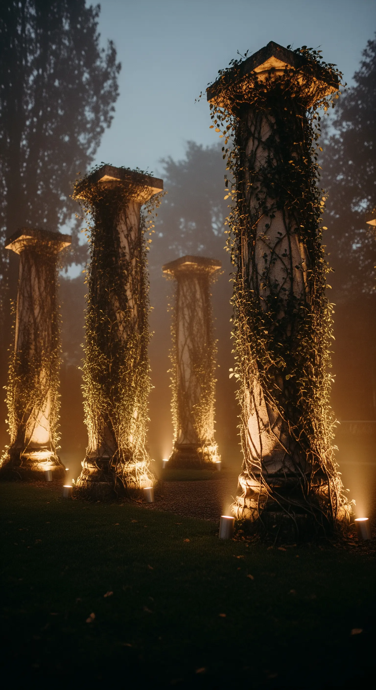 Colonne di pietra antiche coperte di edera, illuminate dal basso in un'atmosfera nebbiosa.