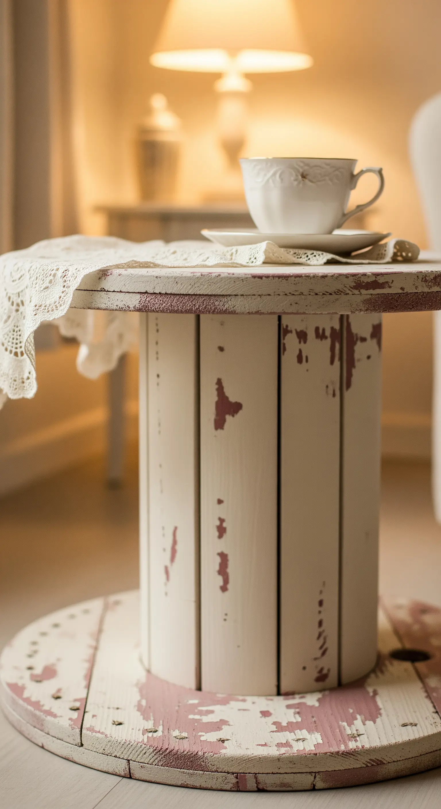 Tavolino a bobina dipinto di bianco con effetto invecchiato che rivela un colore rosa sottostante.