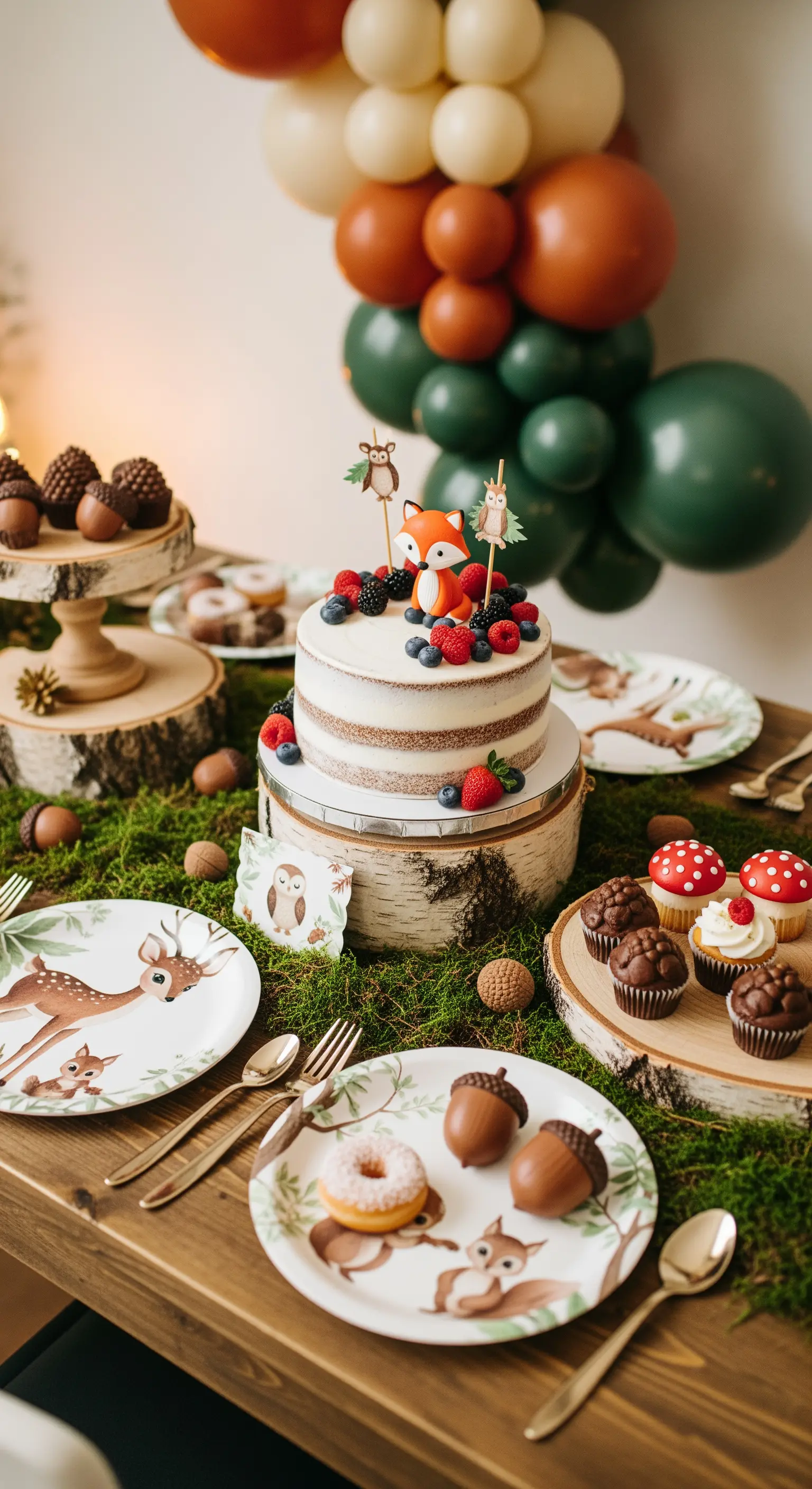Festa a tema bosco con torta decorata, piatti con animali, muschio e alzate in legno.