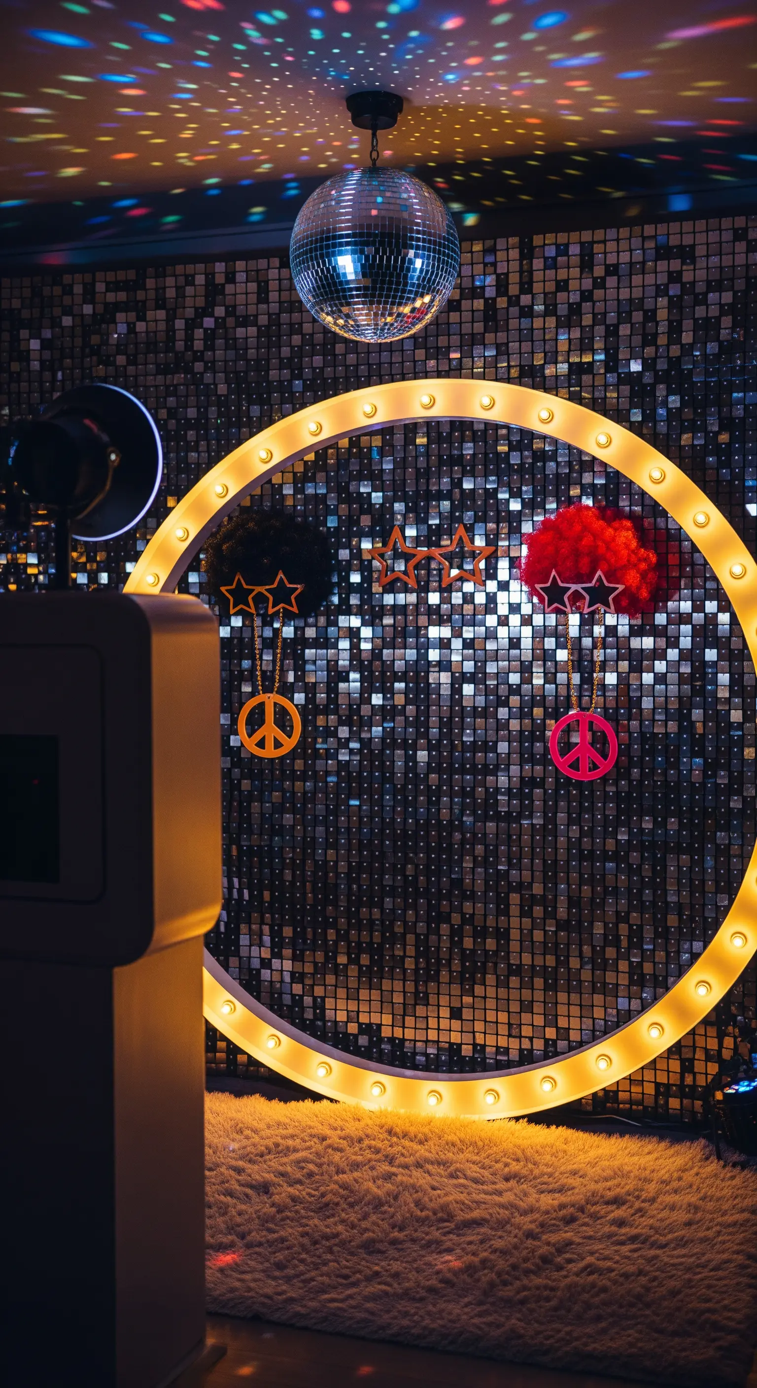 Photo booth a tema discoteca con parete di paillettes, disco ball e una cornice circolare luminosa.