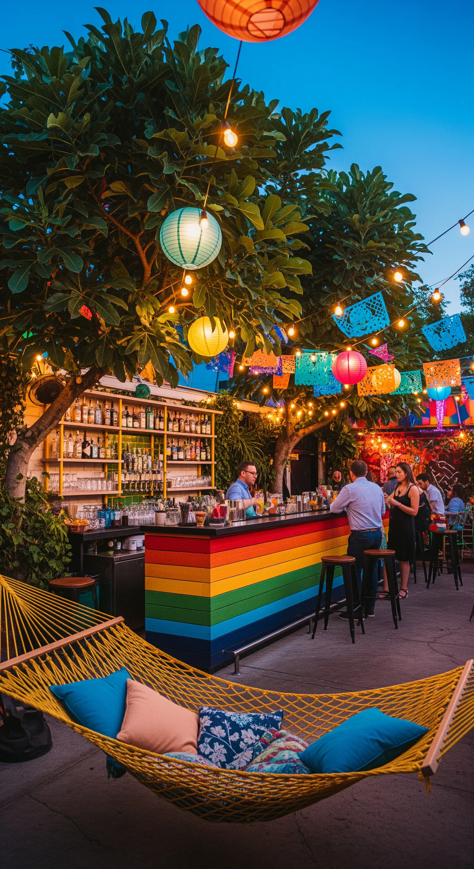 Garden party serale con bar arcobaleno, amaca gialla e lanterne di carta colorate.