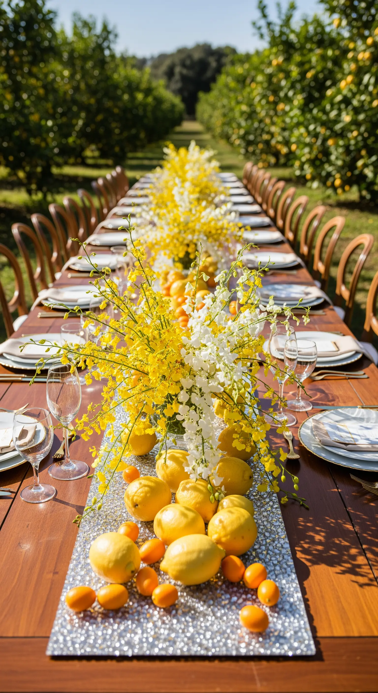 Tavolo in un agrumeto con runner di paillettes, limoni freschi e orchidee gialle e bianche.