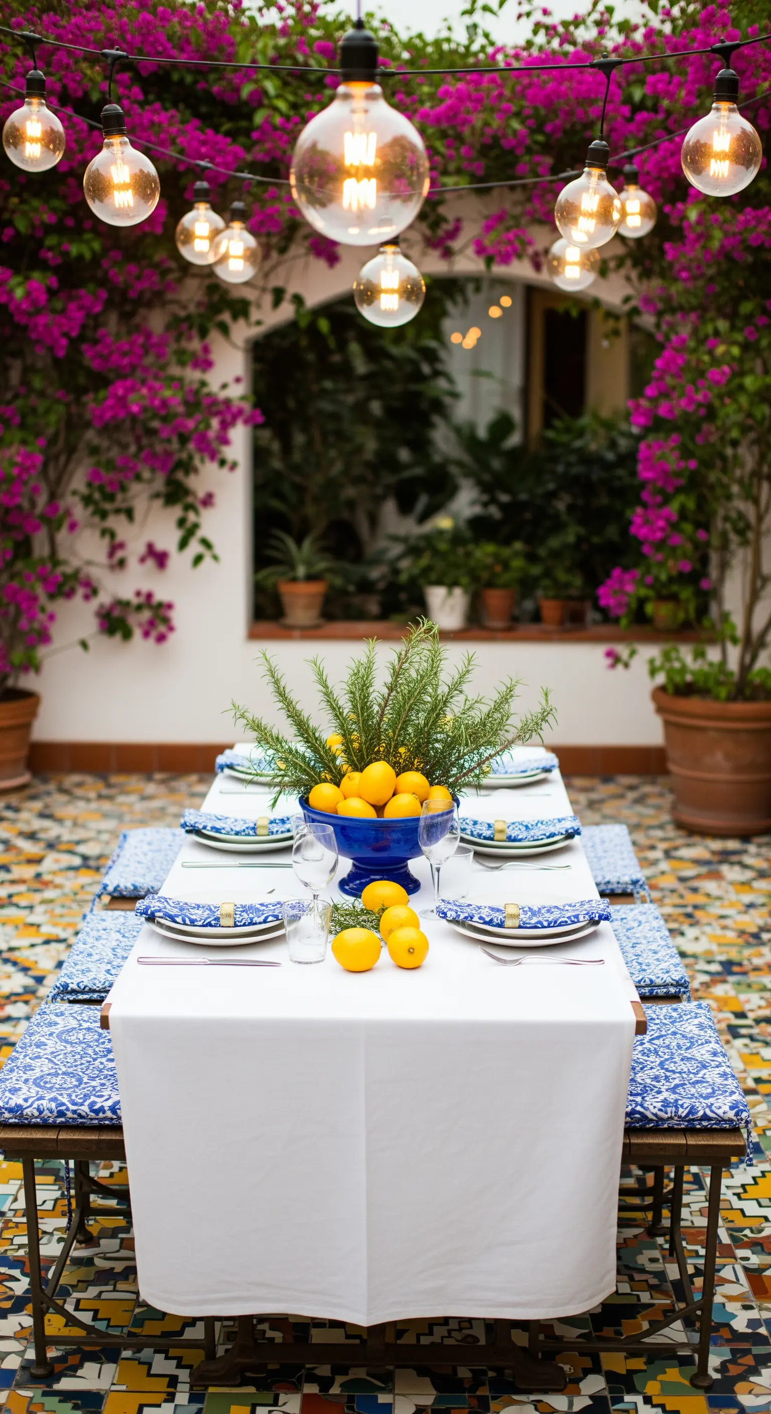Tavola estiva in un patio con maioliche, bouganville e un centrotavola di limoni.