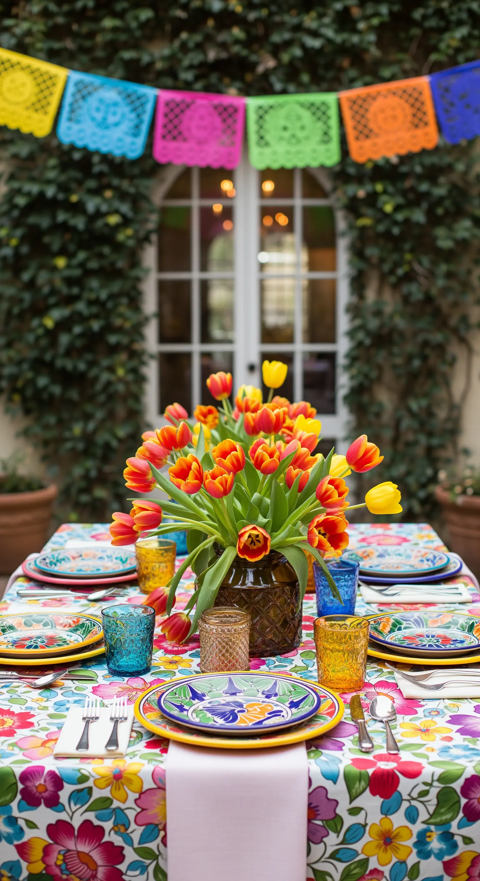 Tavola a tema messicano con tovaglia colorata, piatti decorati e ghirlande di papel picado.
