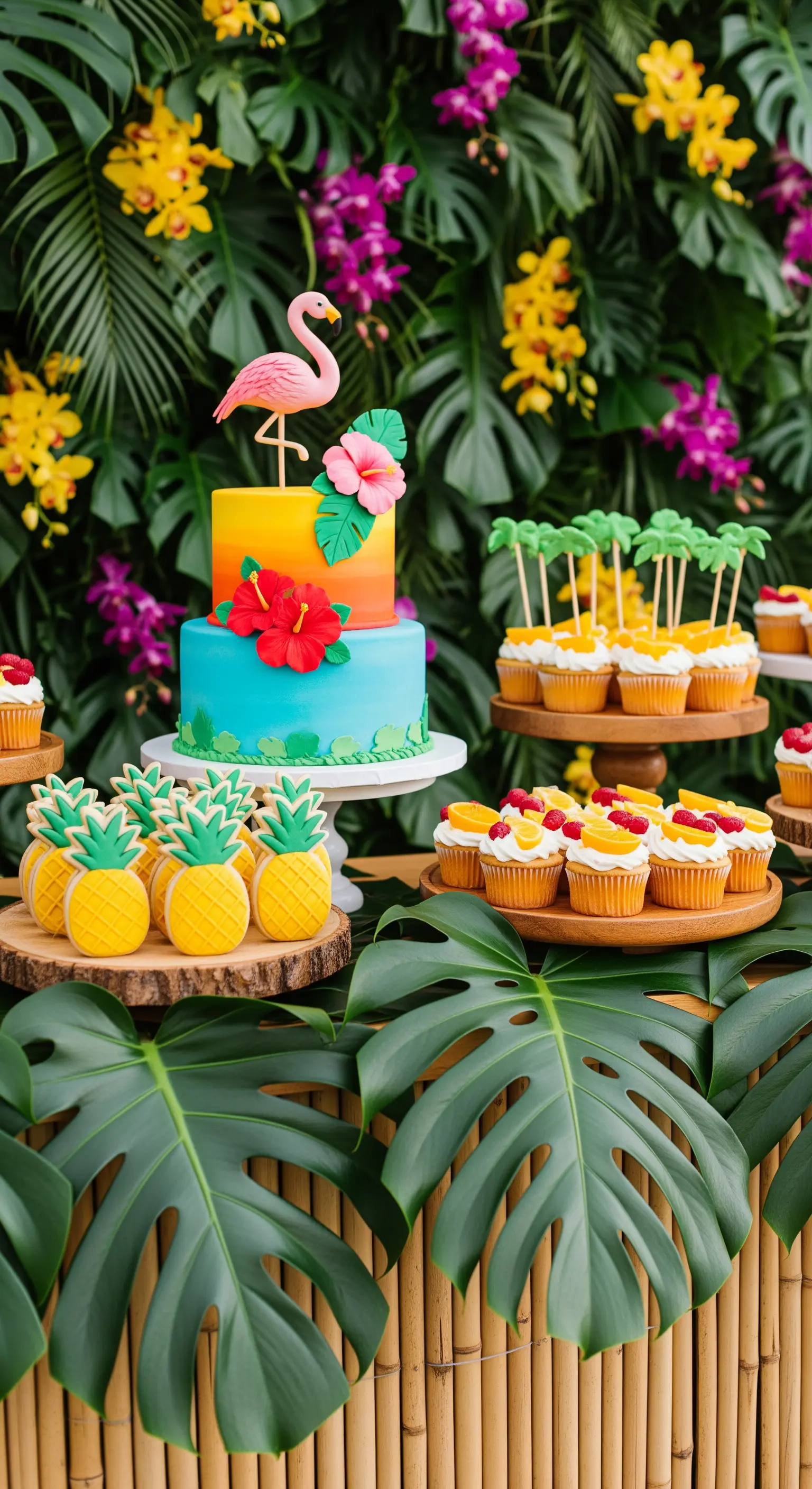 Torta tropicale colorata con fenicottero, circondata da foglie di monstera e dolci a tema