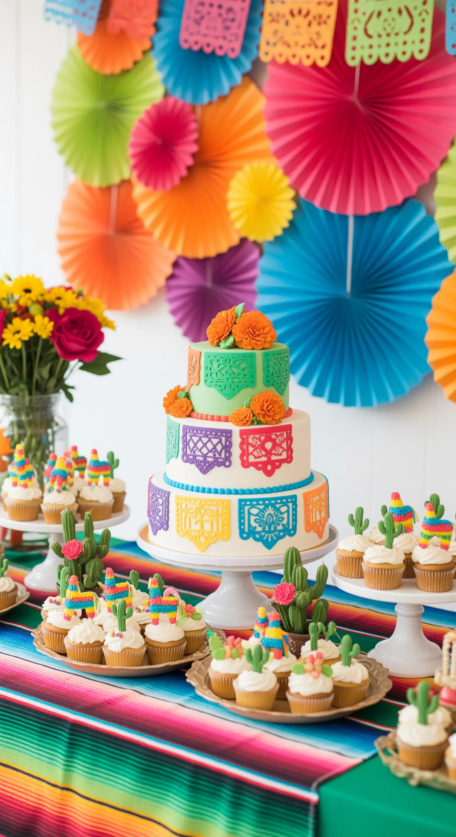 Torta colorata a tema messicano con decorazioni papel picado, circondata da ventagli di carta