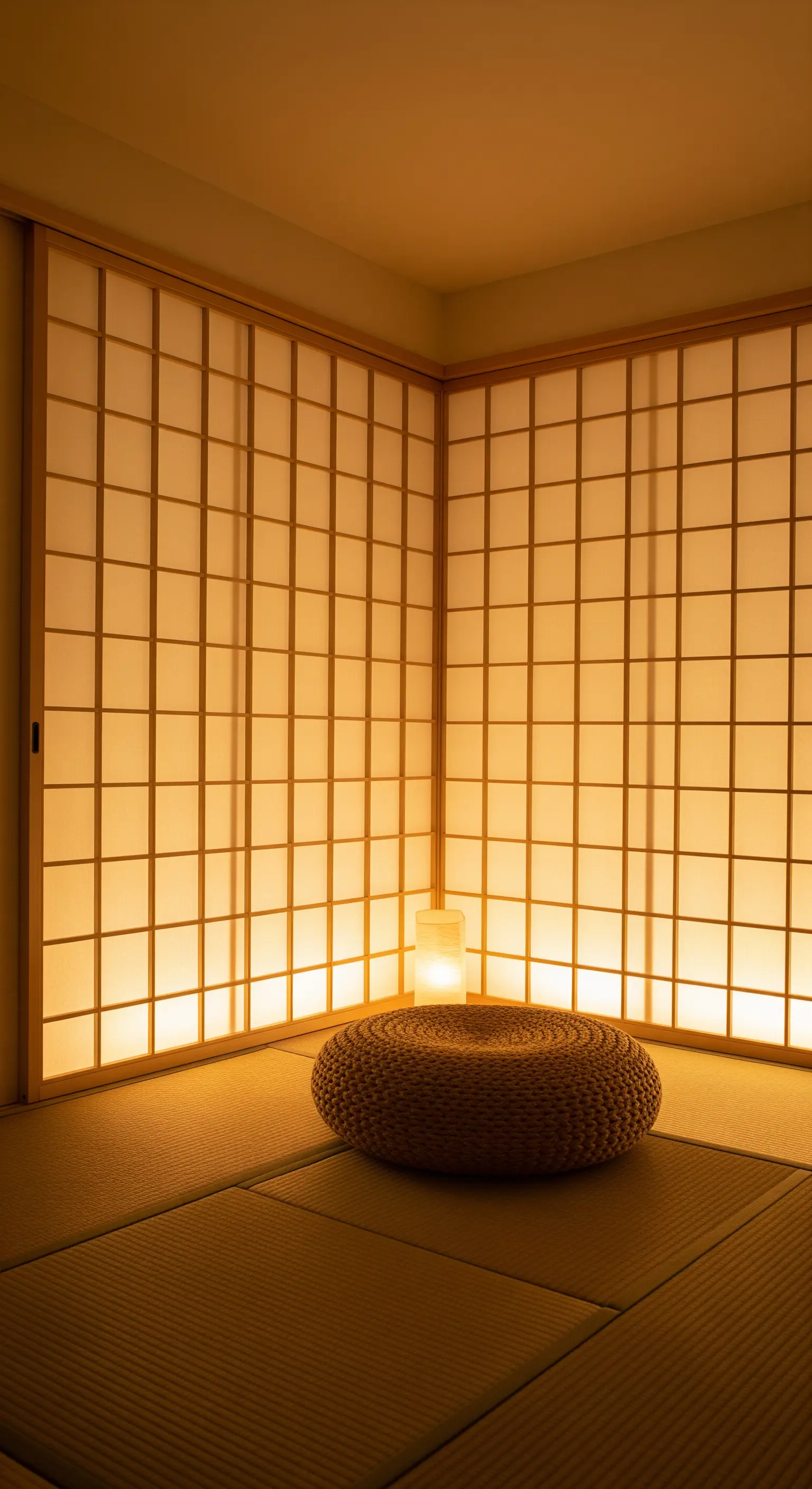 Angolo di una stanza con pareti shoji retroilluminate, un pouf intrecciato e una lampada da terra.