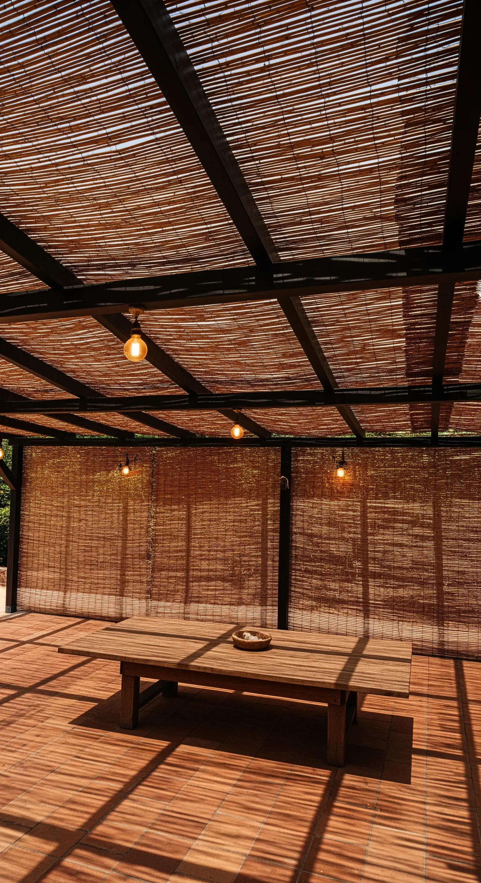 Pergola coperta con stuoie di canne di bambù che creano un gioco di luci e ombre.