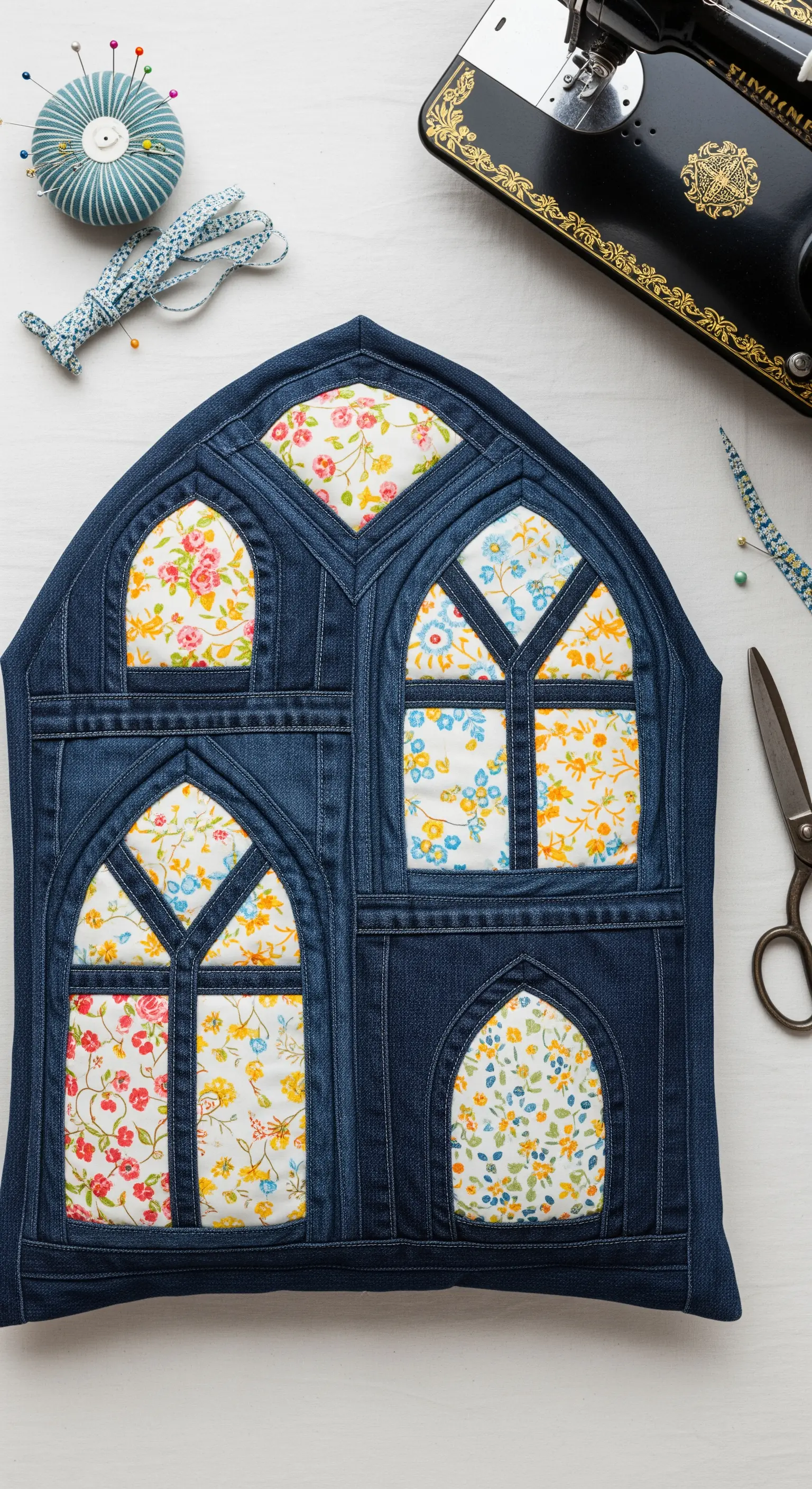 Fodera per cuscino in denim a forma di casa con finestre realizzate con tessuti floreali.