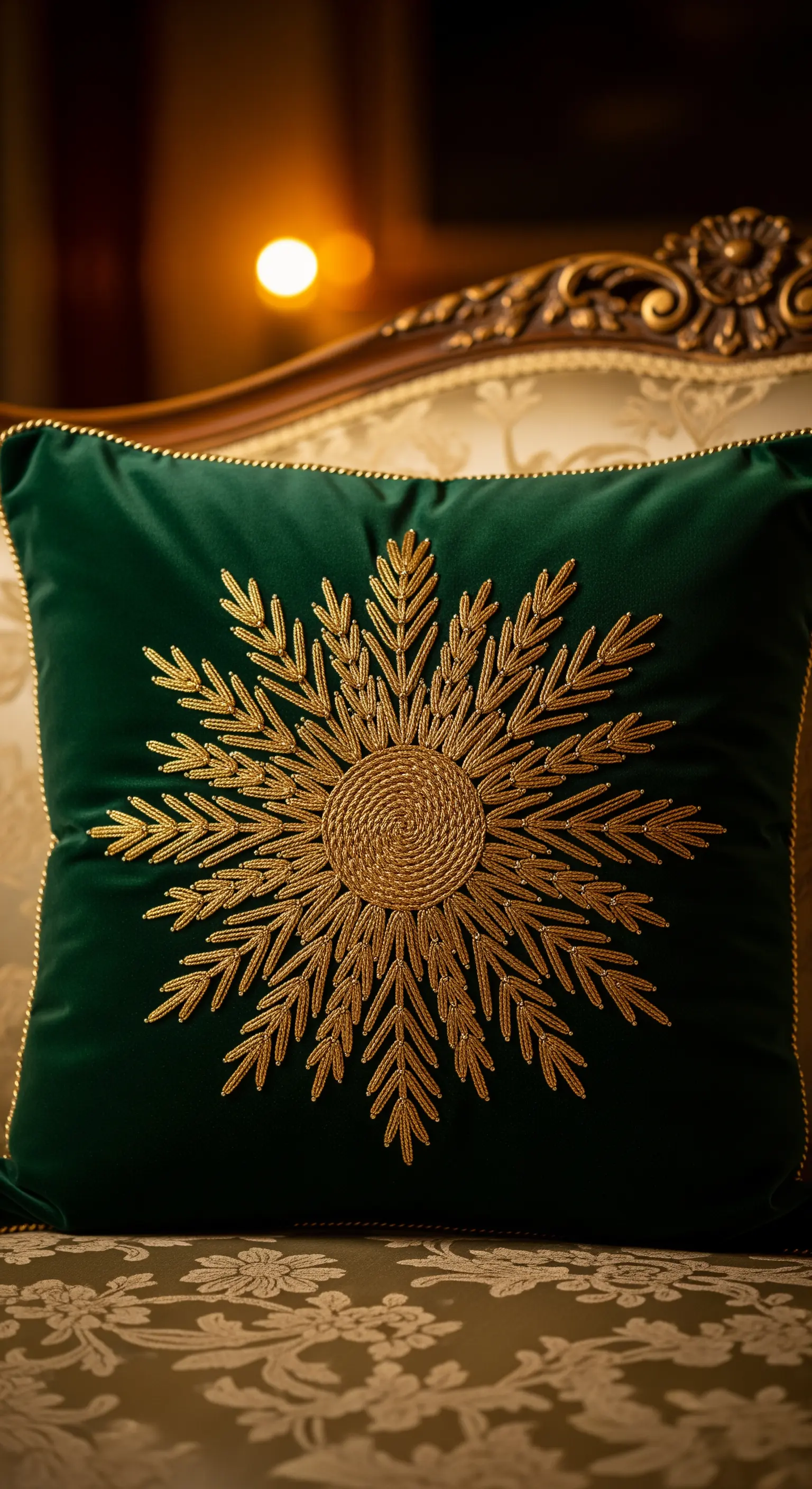 Cuscino in velluto verde scuro con un grande fiocco di neve ricamato con perline dorate.