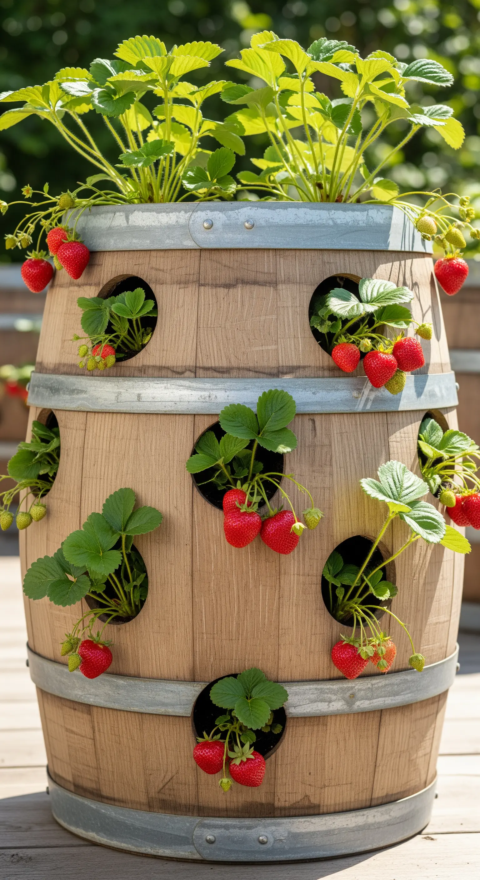 Botte di vino con fori laterali utilizzata come fioriera verticale per la coltivazione di fragole.