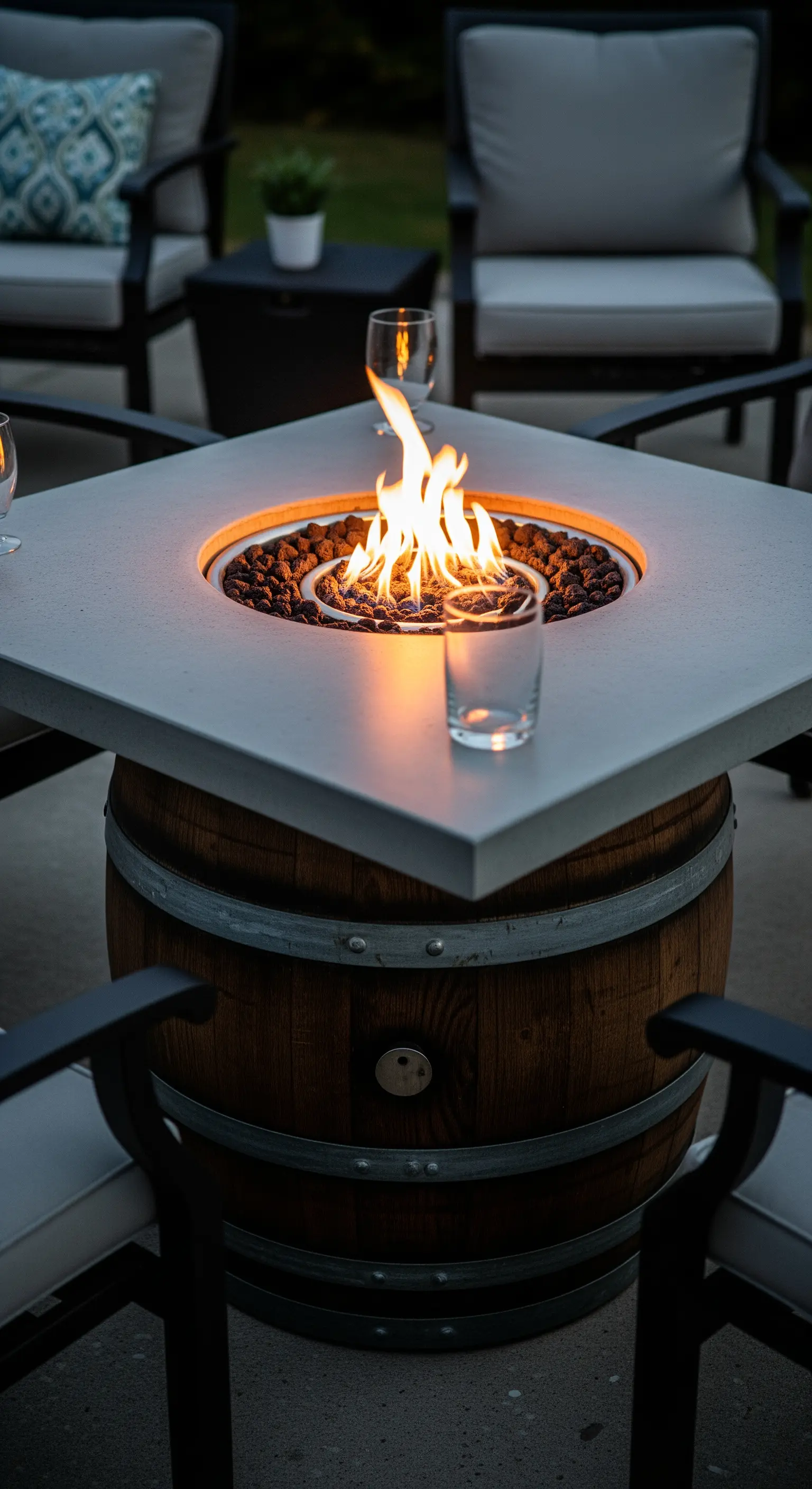 Botte di vino come base per un tavolo braciere con piano in cemento e fuoco acceso.