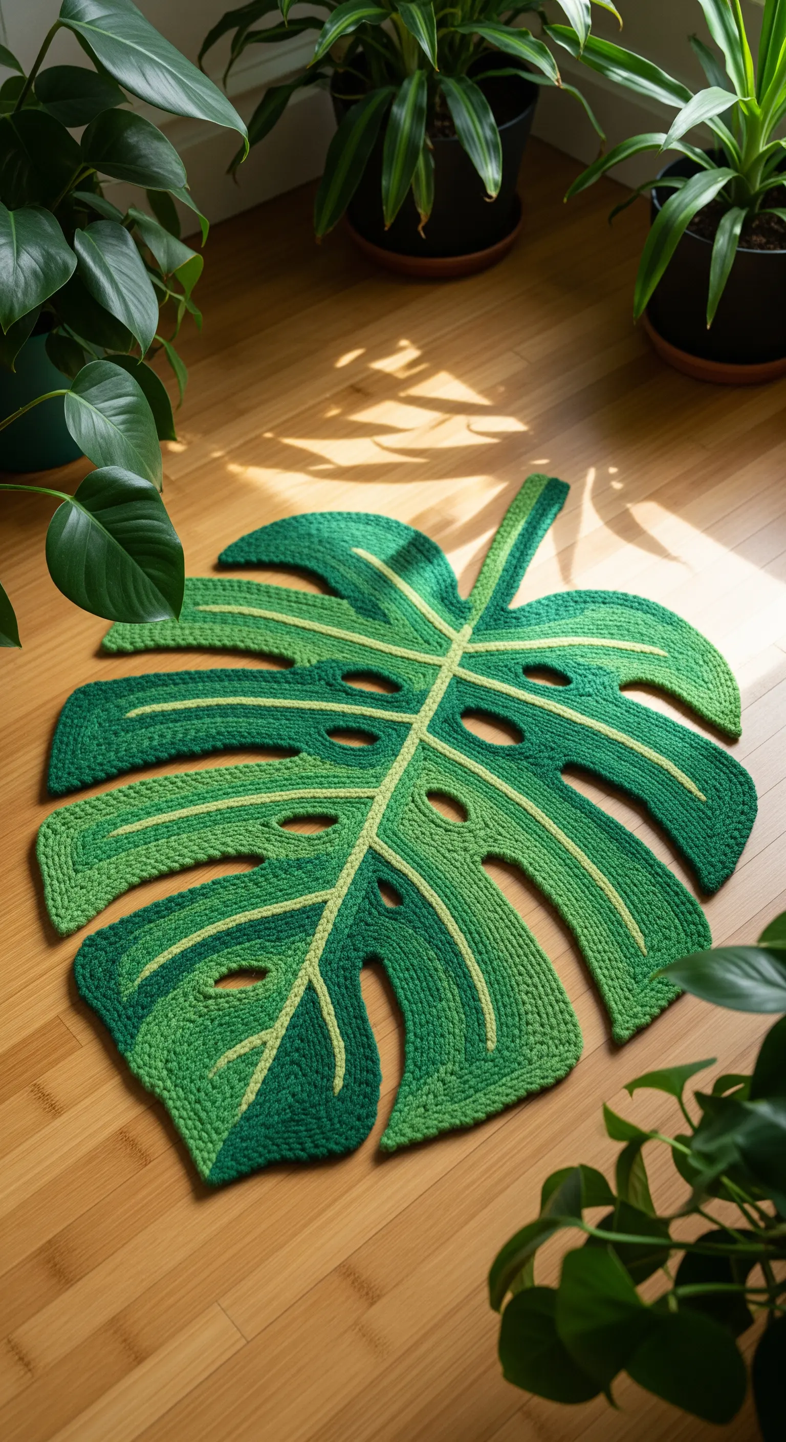 Tappeto a forma di foglia di Monstera verde, su un pavimento di legno circondato da piante.