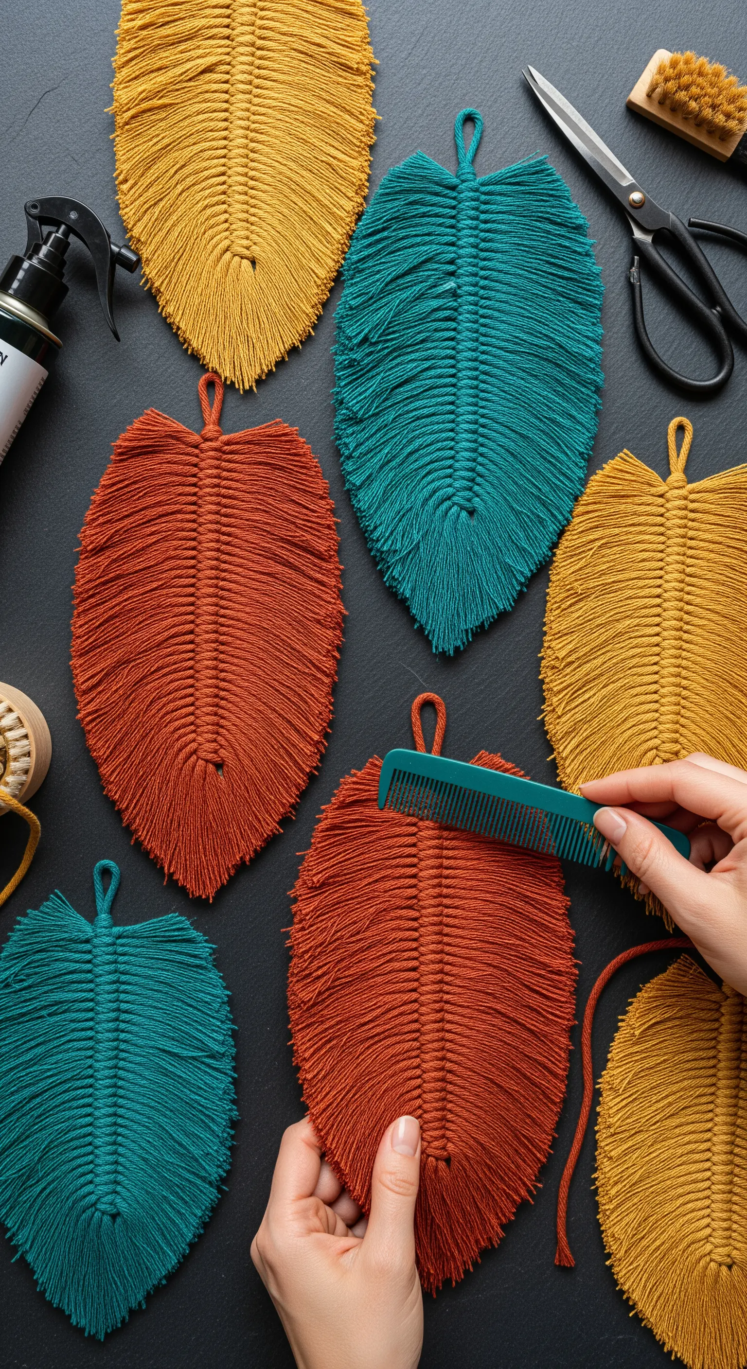 Una mano pettina una foglia di macramè color terracotta per sfilacciarne i bordi.
