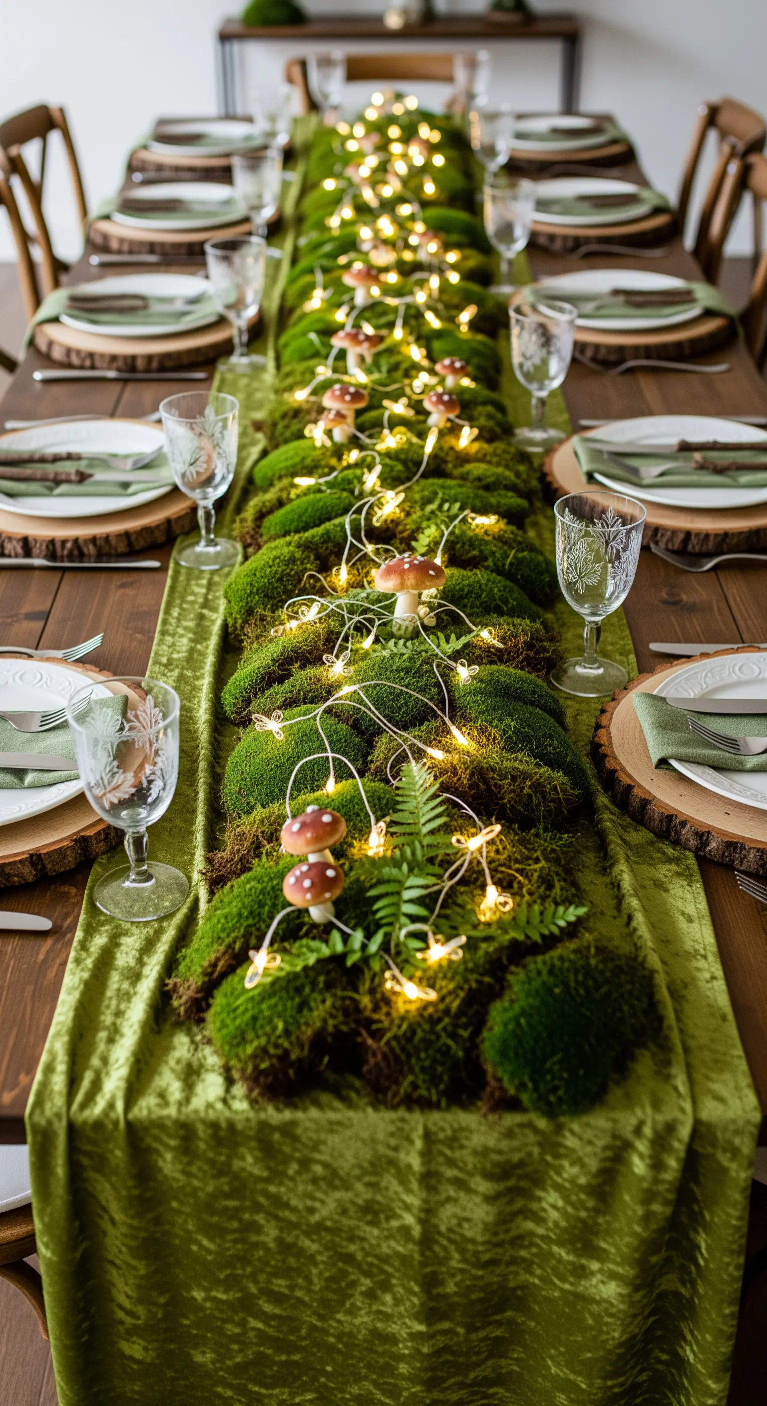 Tavola a tema bosco con un runner di muschio, lucine a led e piccoli funghi decorativi.