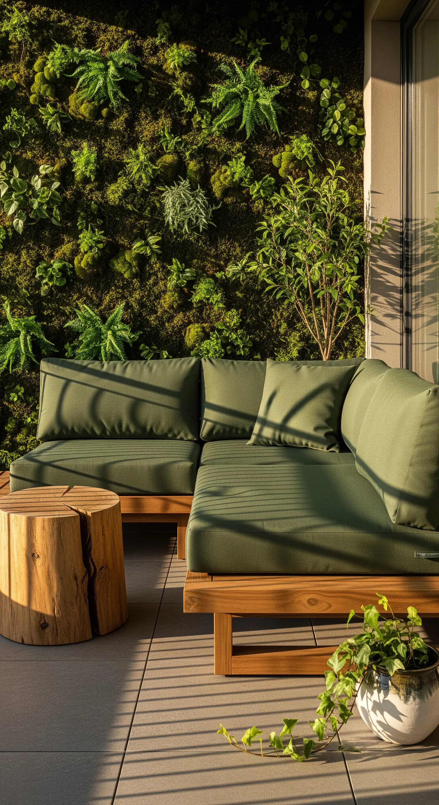 Divano verde oliva con struttura in legno accanto a una parete di muschio e un tavolino a tronco.