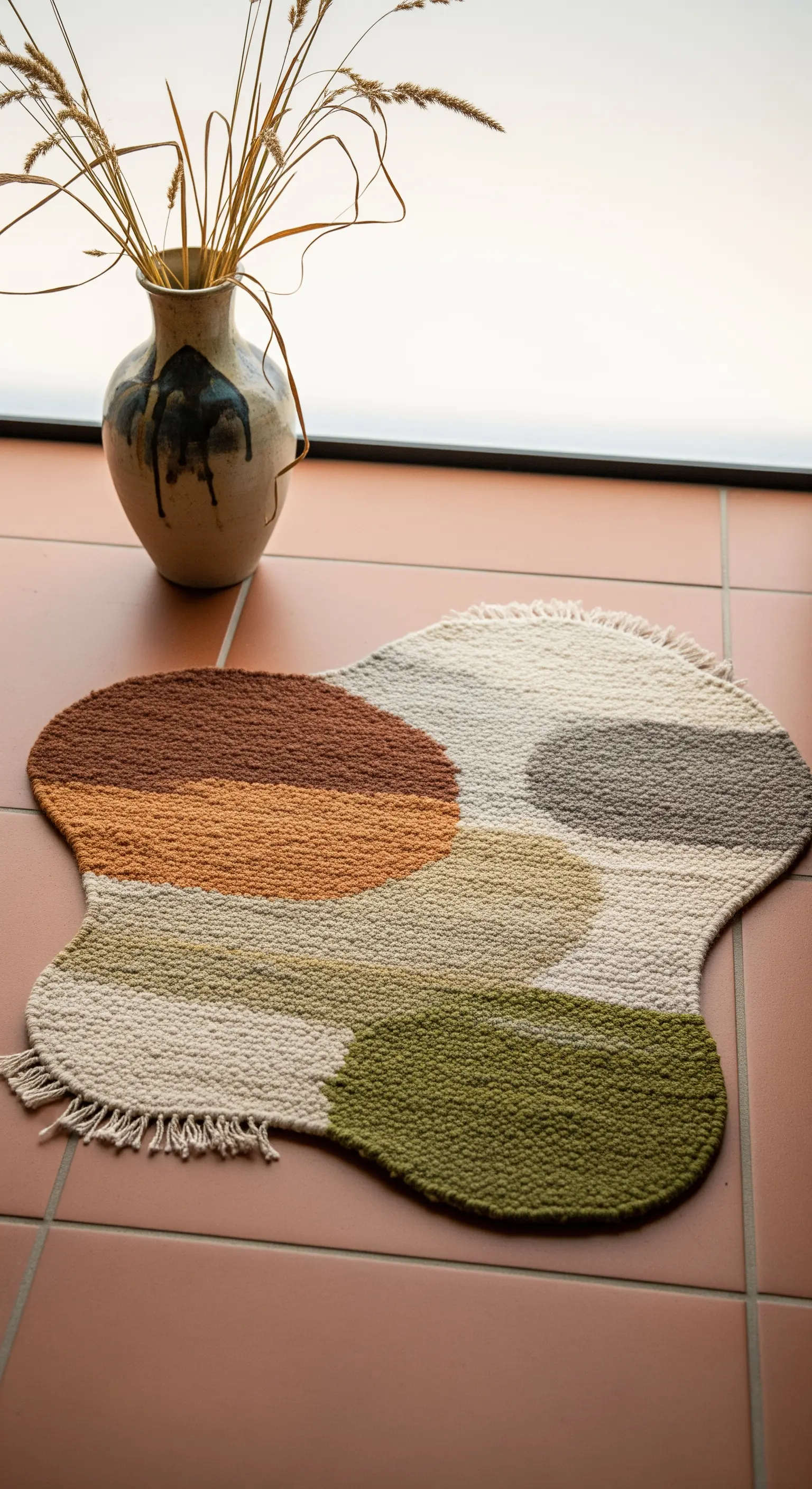 Tappeto di forma irregolare con macchie di colore nei toni della terra, su pavimento in cotto.