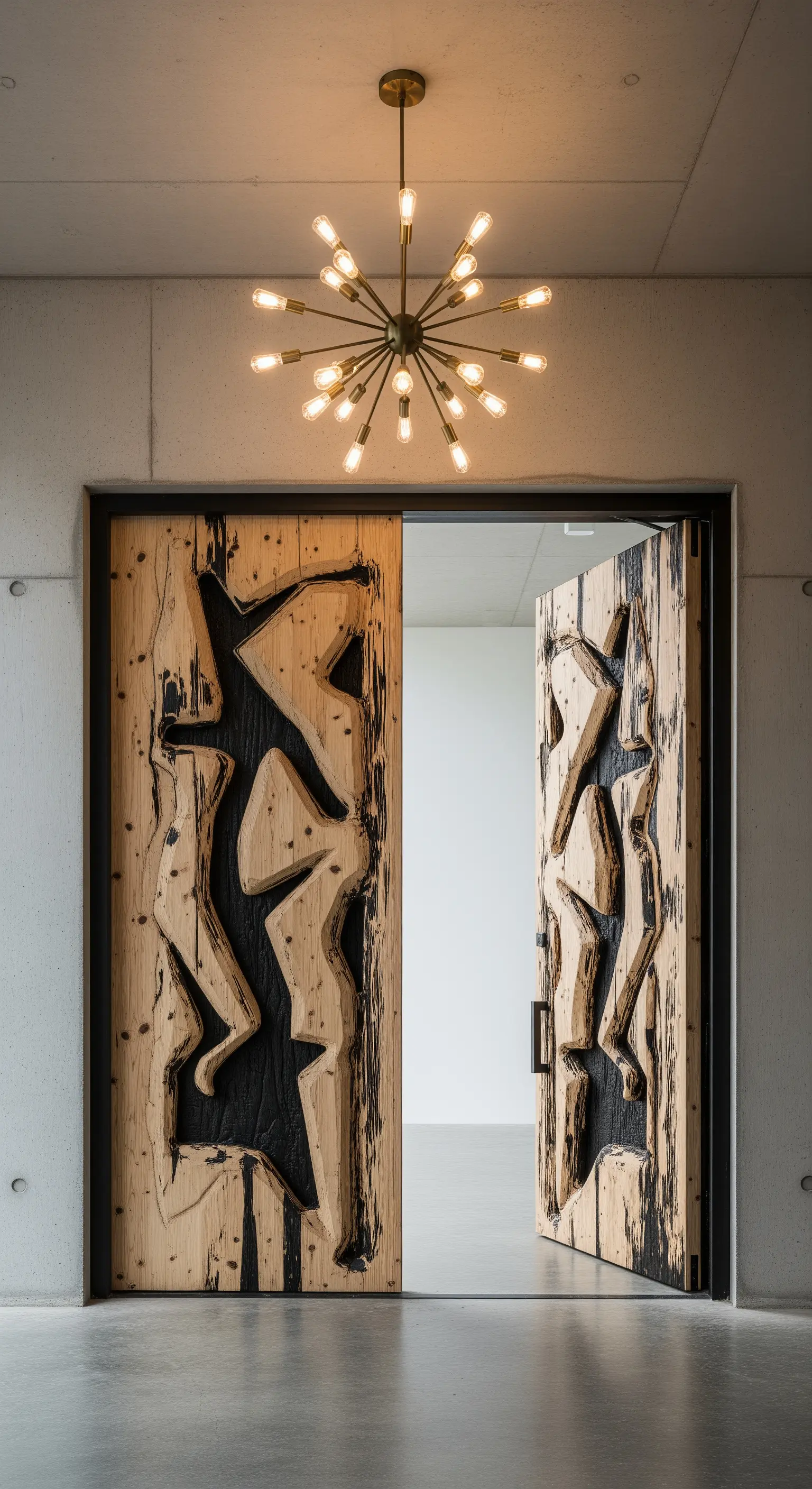 Ingresso brutalista con pareti in cemento e una massiccia porta in legno con intagli astratti.